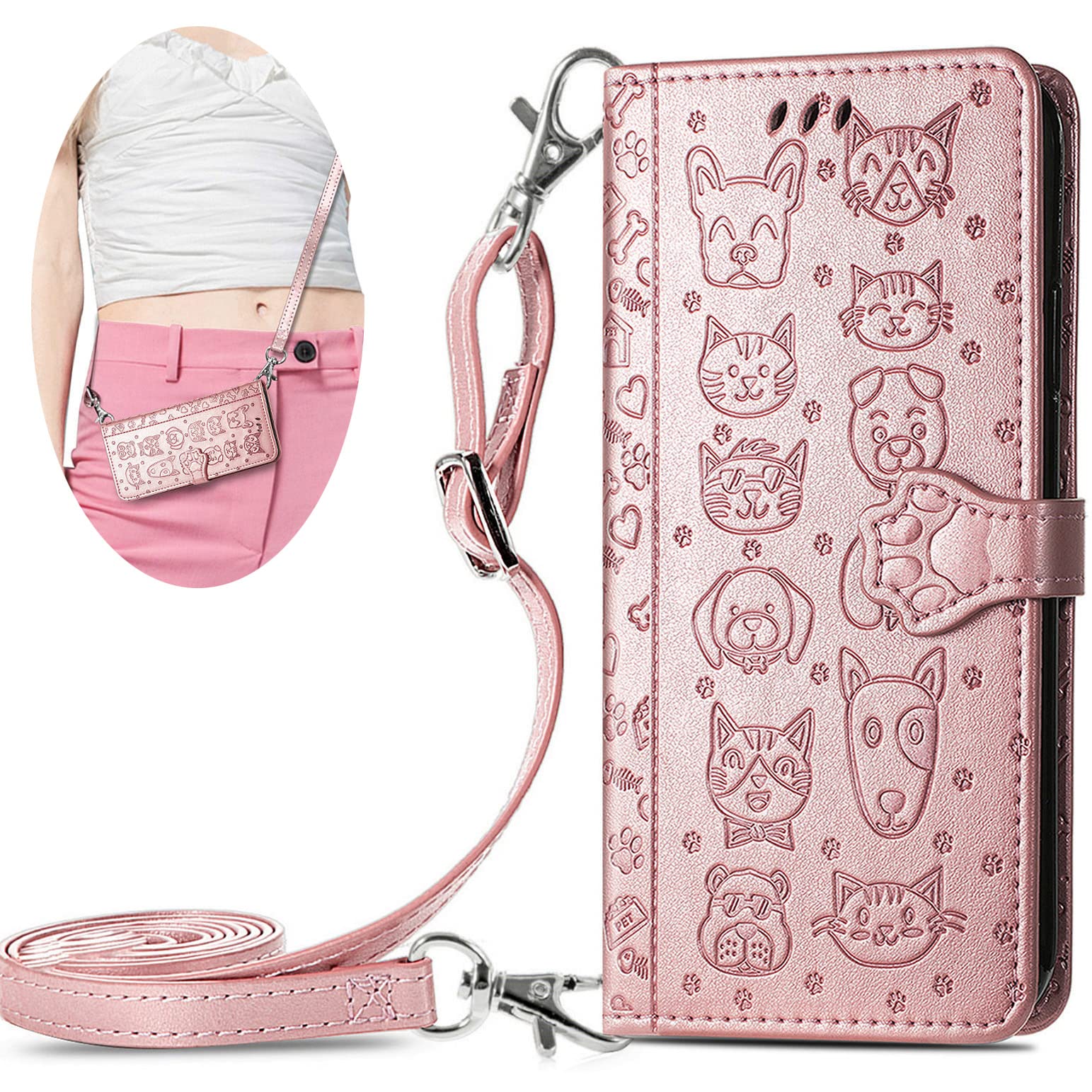 Cute Cat Dog Cartoon Crossbody Wallet Phone Case for Samsung Galaxy A03 Core - Flip Cover with Removable Lanyard Strap (Rose Gold) - Perfect for Travel, Shopping & Everyday Use