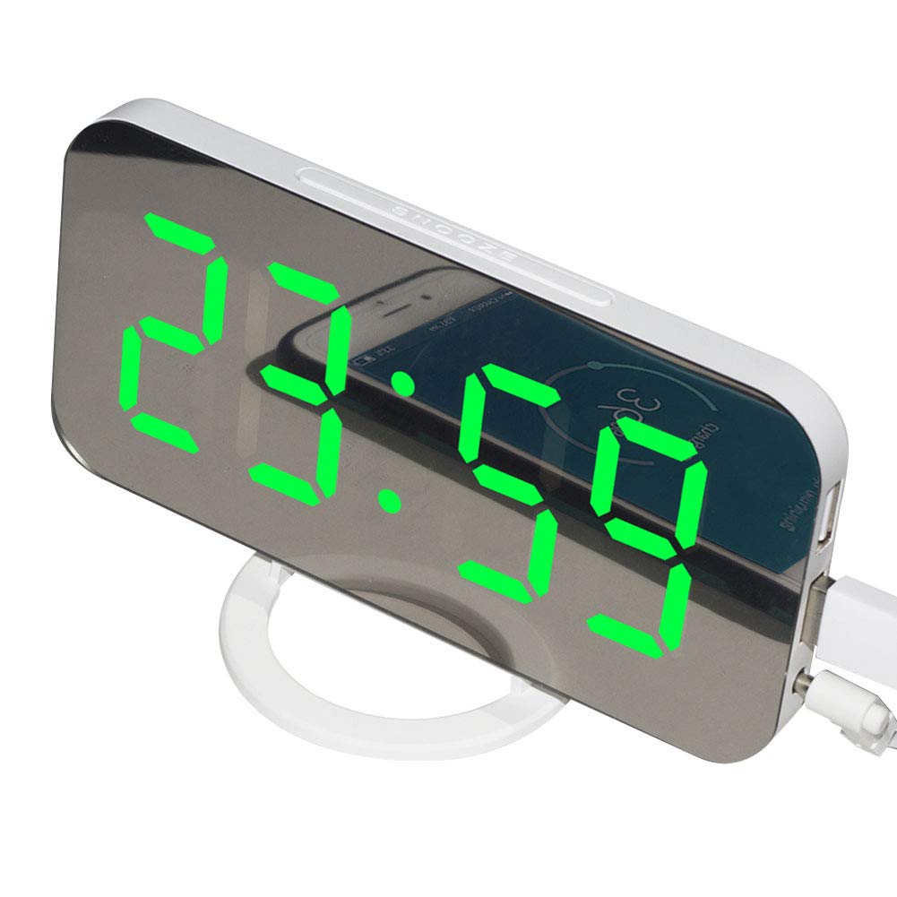 Newrys Digital Alarm Clock with USB Charging Ports - LED Mirror Display, Snooze & Projection Function, Minimalist Design for Bedroom, Office Desk (White Shell + Green Display) - Perfect for Home, Dorm, Travel & Gift Giving