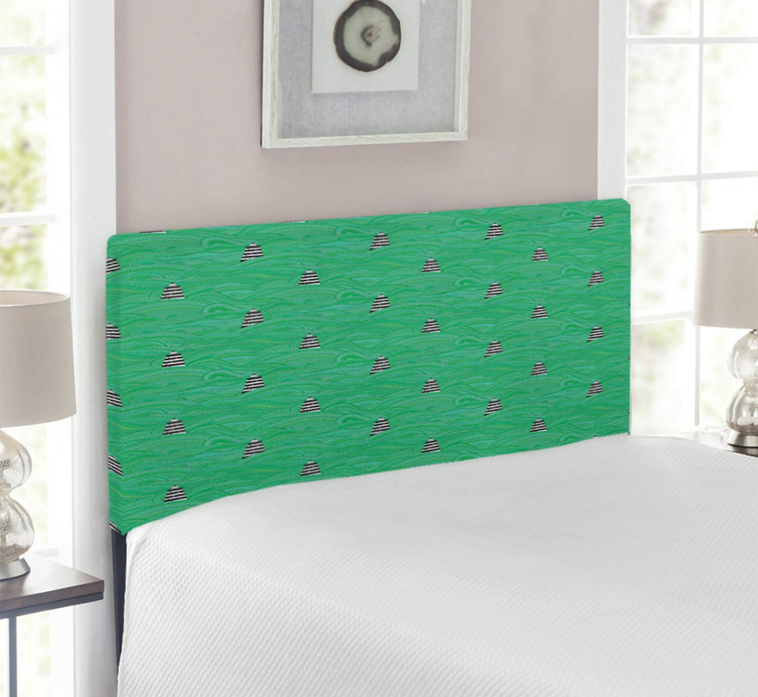 Ambesonne Lighthouse Headboard - Abstract Ocean Waves & Swirl Stripes Nautical Design, Upholstered Metal Bed Headboard with Memory Foam, Twin Size in Green Black White - Perfect for Coastal, Beach House or Nautical Themed Bedrooms
