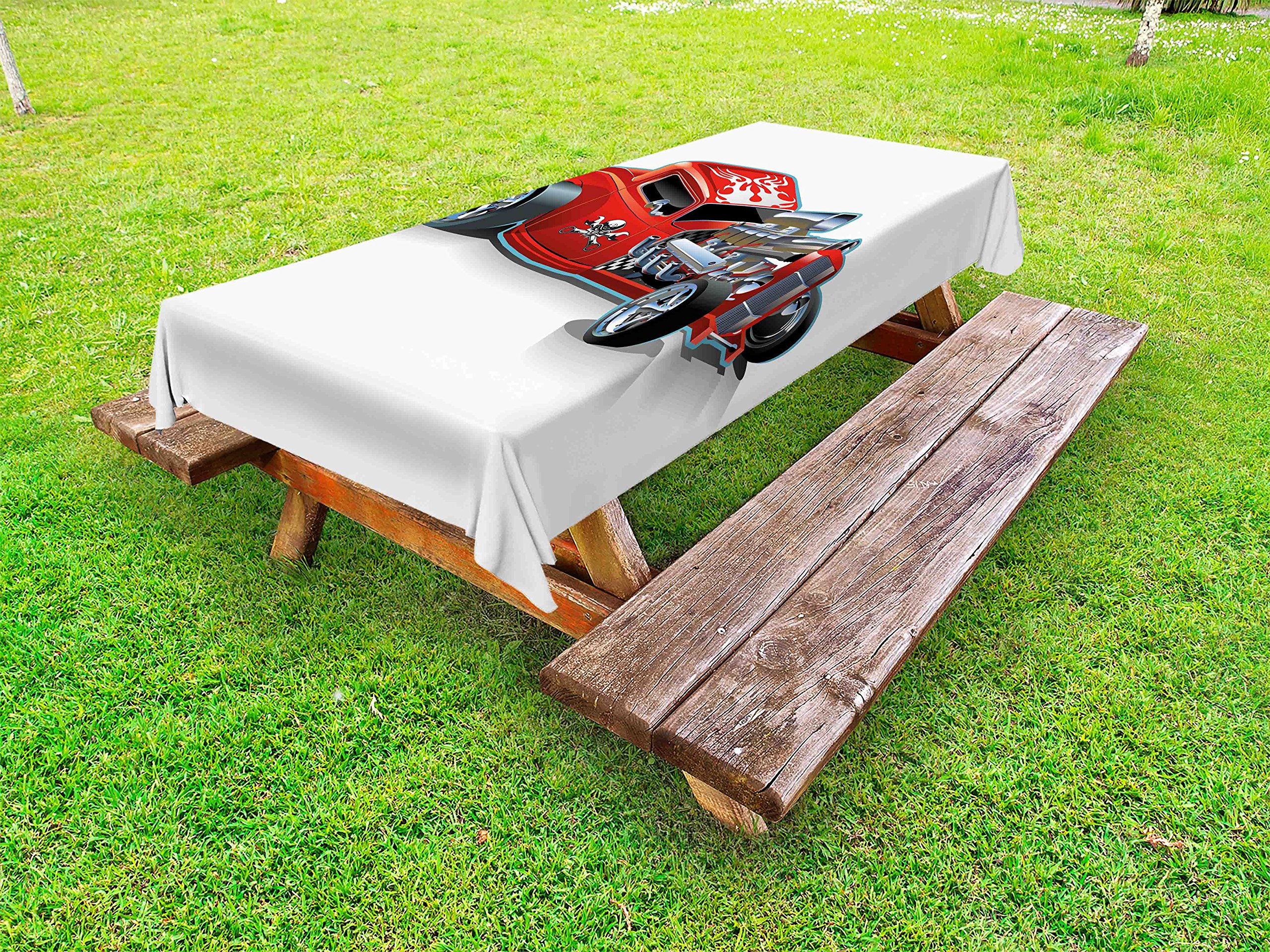 Lunarable Cartoon Race Car Engine Tablecloth - Washable Outdoor Picnic Table Cover 58x84 Inches, Scarlet Red & Grey - Perfect for BBQs, Parties, and Outdoor Dining