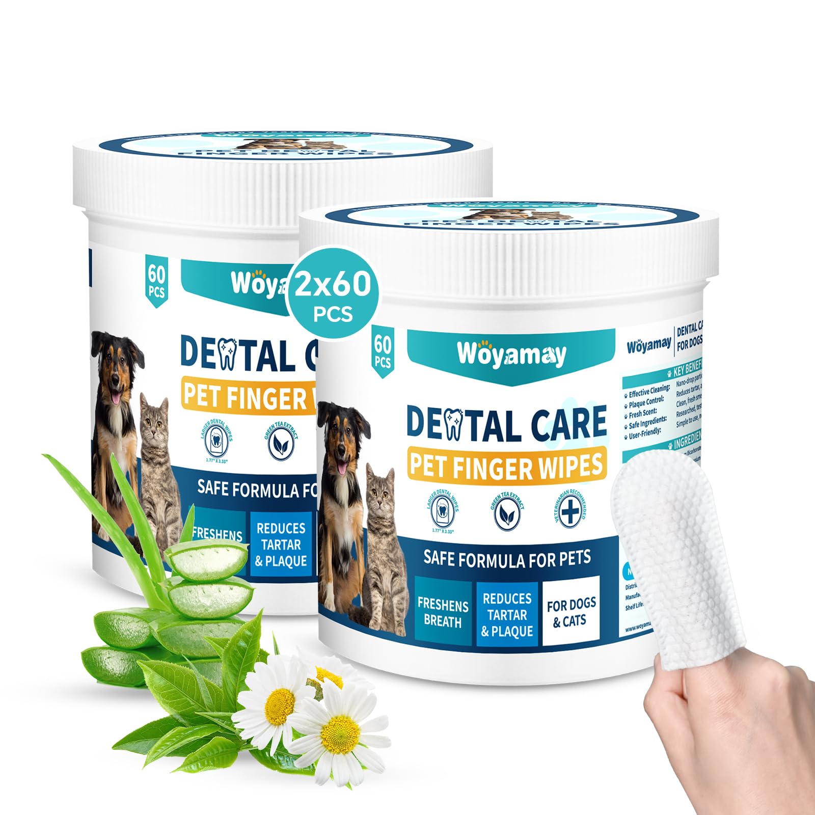 Pet Teeth Cleaning Wipes for Dogs & Cats - 120 Count Dental Wipes Kit with Finger Toothbrush | Reduces Tartar, Plaque & Freshens Breath | Gentle Teeth Cleaning for Puppies, Kittens & Adult Pets | Perfect for Daily Oral Care & Travel Use