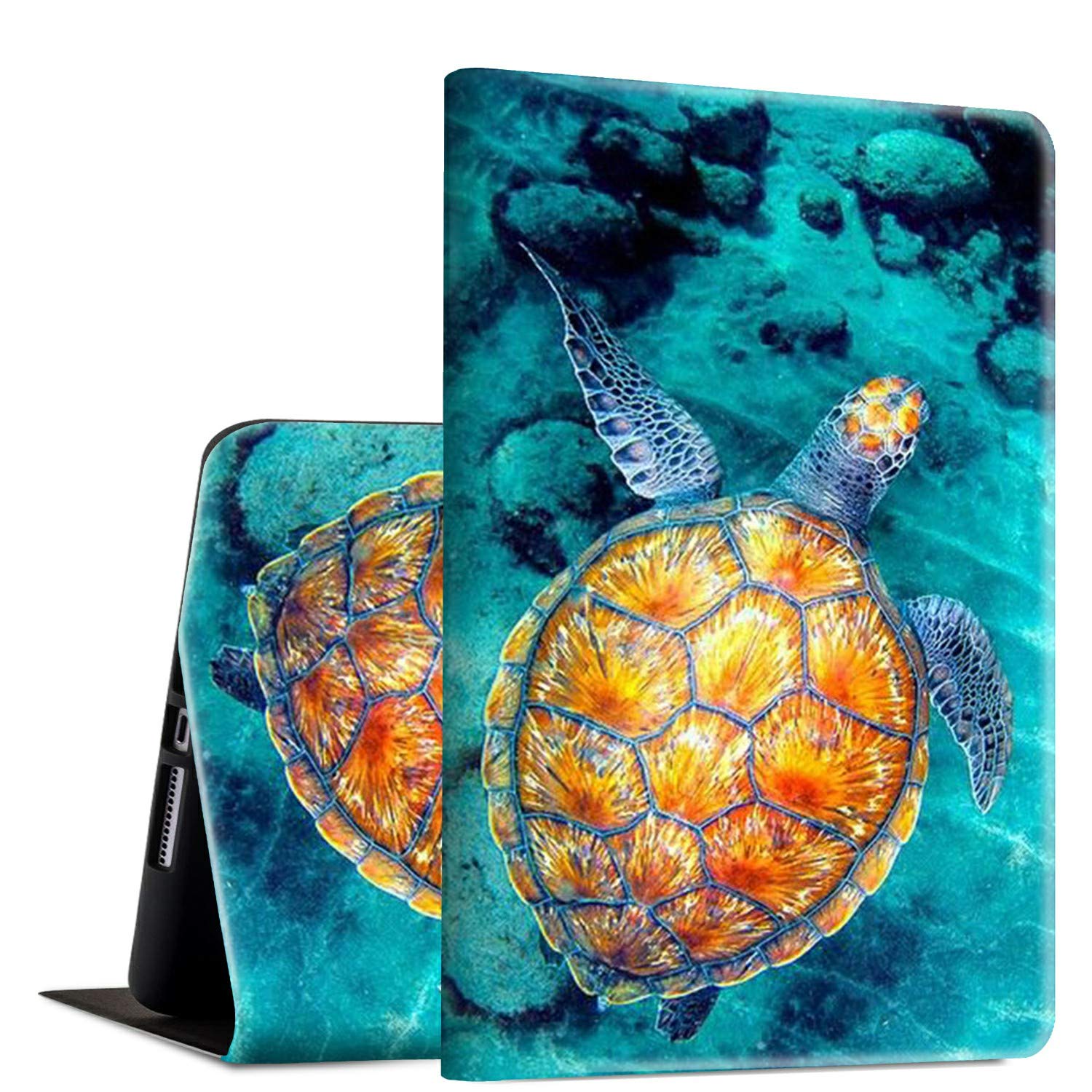 Premium Rossy PU Leather Folio Case for iPad 9.7 (2018/2017) & iPad Air 2/Air - Shockproof Smart Cover with Auto Wake/Sleep & Adjustable Stand - Compatible with iPad 6th/5th Gen - Sea Turtle Design - Perfect for Work, Travel & Home Use