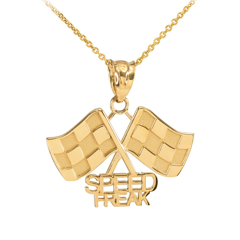 10K Yellow Gold Racing Flags Charm Pendant Necklace for Men & Women - Speed Freak Motorsport Jewelry Gift for Race Car Drivers & Fans - Perfect for NASCAR, F1, and Motorsport Enthusiasts
