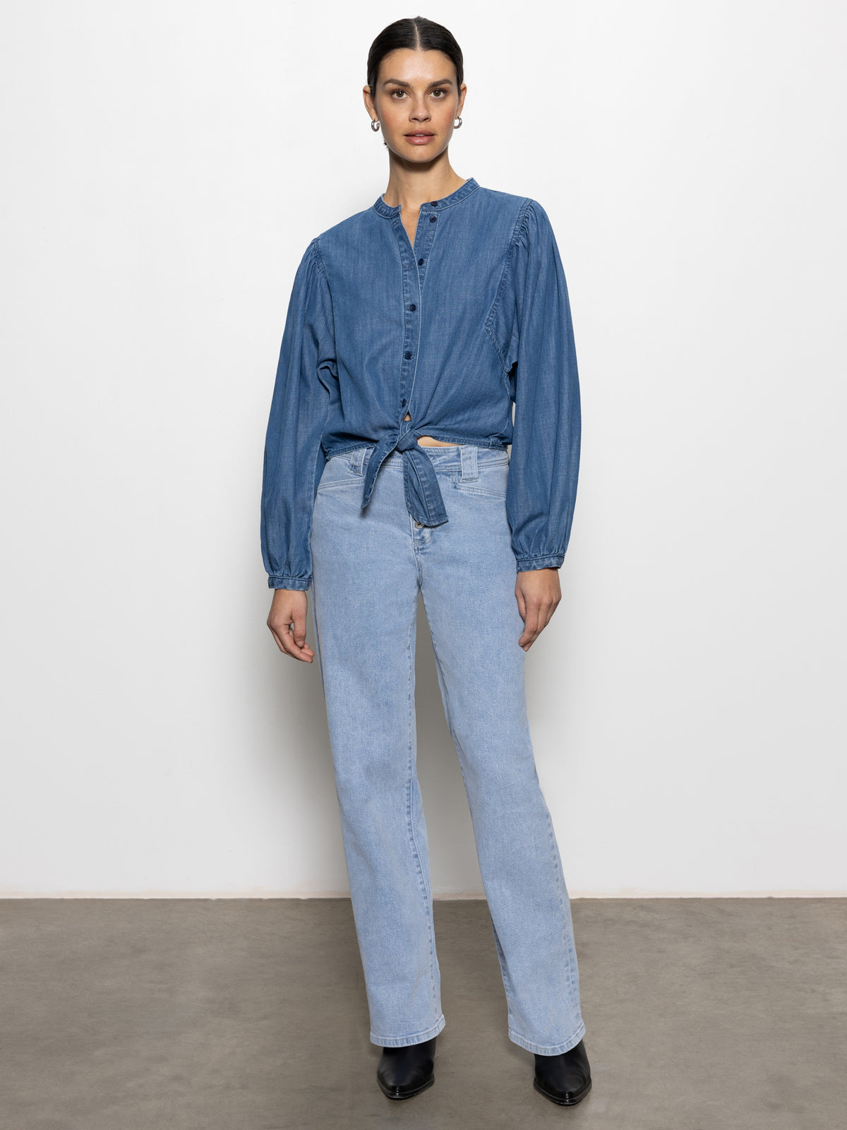 Tie Front Volume Blouse in Slate Blue | Women's Fashion Top for Work & Casual Wear | Perfect for Office, Date Night & Everyday Outfits