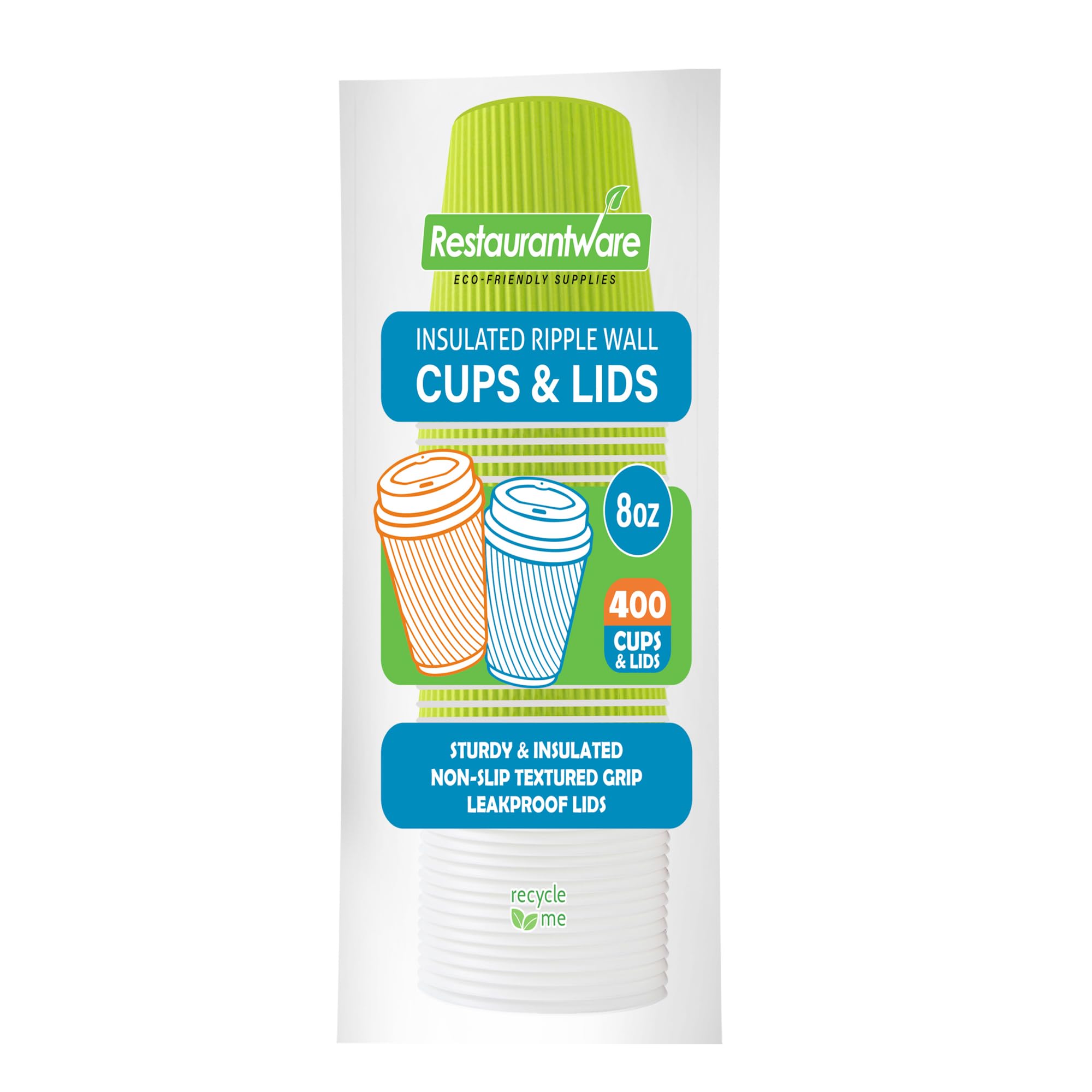 Restaurantware - 8oz Insulated Paper Coffee Cups with Lids (400 Pack) - Leakproof & Non-Slip Hot Drink Cups - Eco-Friendly Disposable Ripple Wall Design - Perfect for Coffee, Tea, Hot Chocolate & Lattes at Cafés, Offices & Events