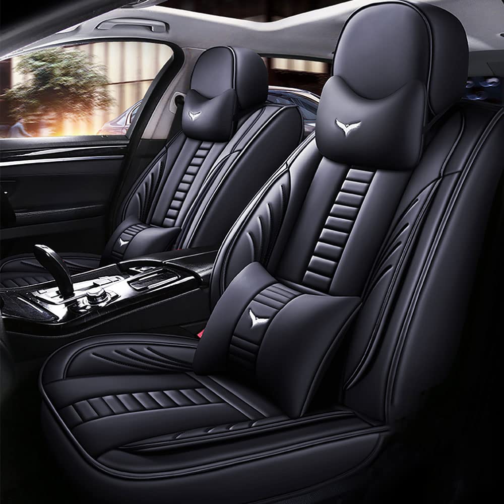 Premium Universal Fit PU Leather Car Seat Covers Set for Chevy Bolt EUV 2023 - Black with Black Line Design, Includes Headrest & Lumbar Support Pillows | Durable Auto Interior Protection for Commuting, Road Trips & Family Travel
