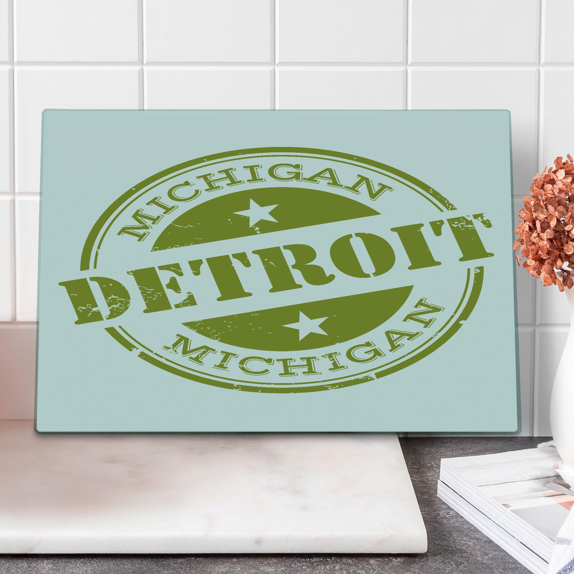 Ambesonne Detroit Themed Cutting Board - Retro Michigan Stamp with Stars Design - Tempered Glass Serving & Decorative Board - Large Size (Olive Green & White) - Perfect for Kitchen Use, Food Prep & Home Decor