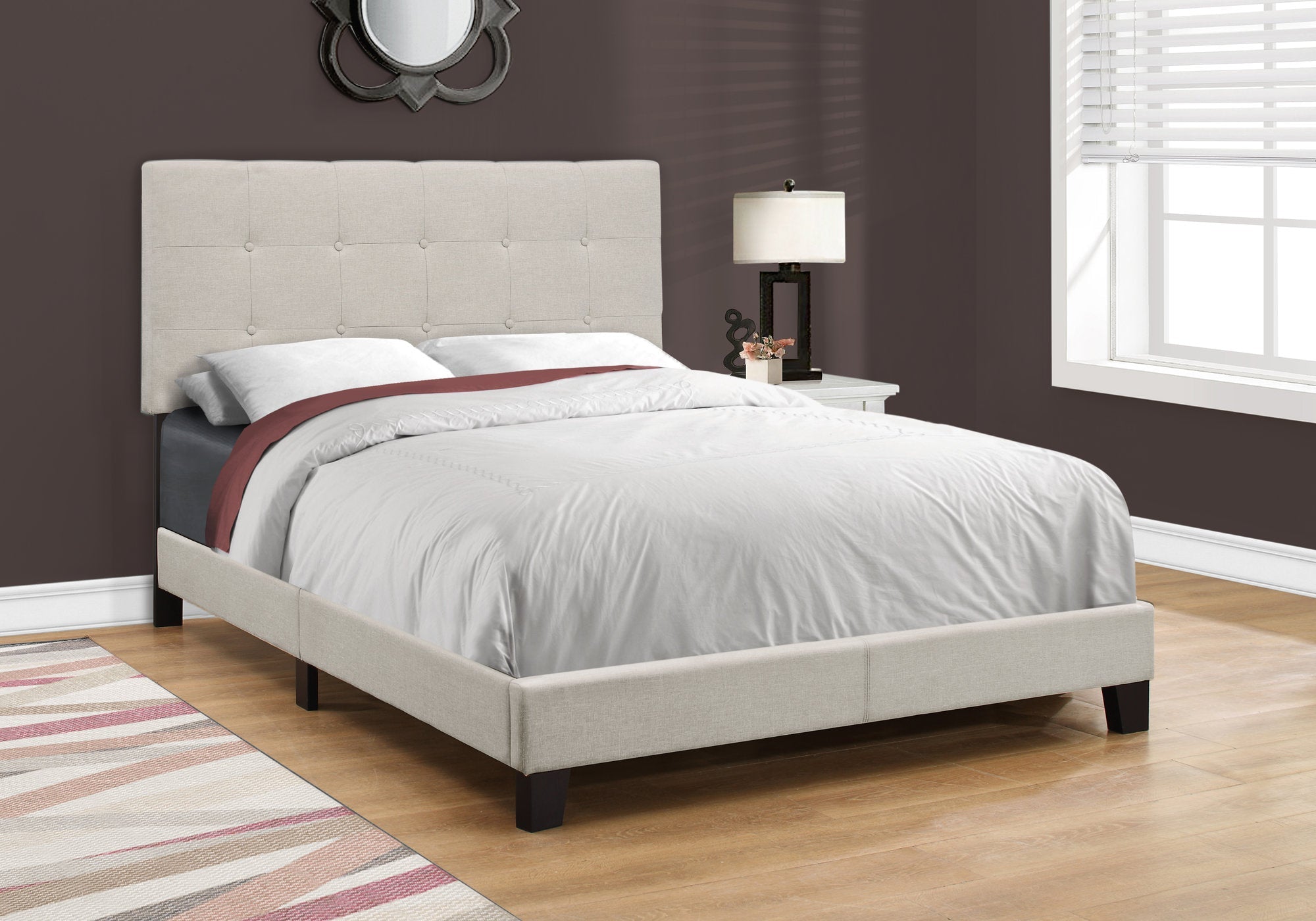 Full Size Bed Frame with Beige Linen Upholstery - Modern Platform Bed for Bedroom, Guest Room, or Dorm
