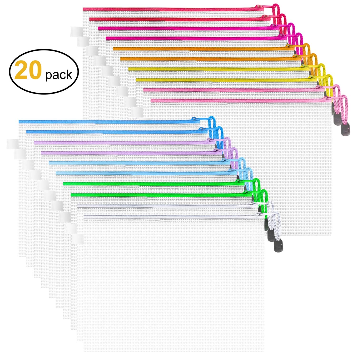 JARLINK 20 Pack Zipper Mesh Pouch & 20 Pack A4 Waterproof File Bags Set - Organize Office Supplies, Cosmetics, Travel Accessories - Perfect for Home, Office, School & Travel Storage Solutions