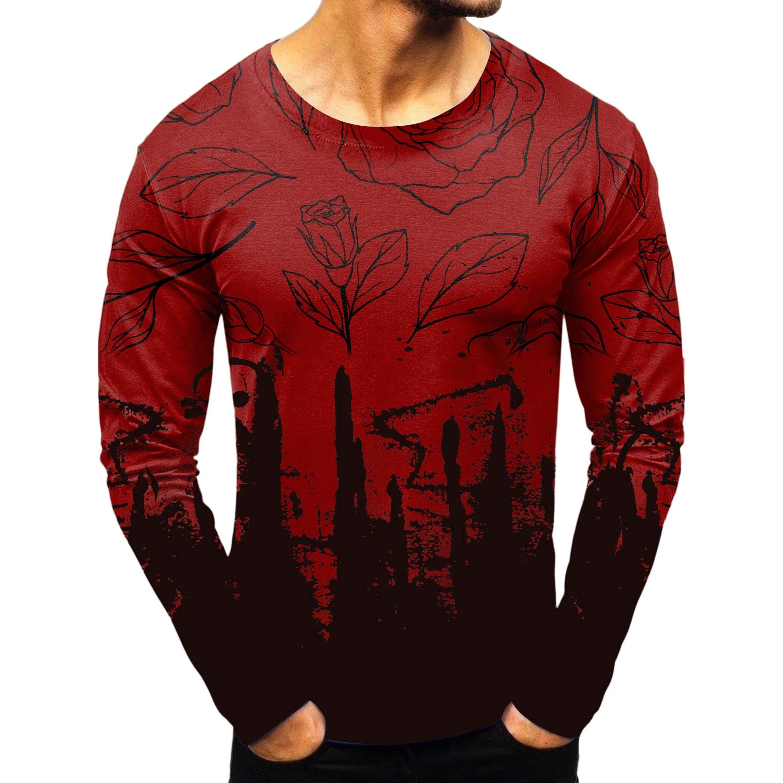 ZDDO 2022 Fall Men's Long Sleeve T-Shirts - Street Style Splash-Ink Floral Print Crew Neck Tees for Casual, Sports & Workout | Trendy Graphic Tops for Streetwear, Gym & Everyday Wear