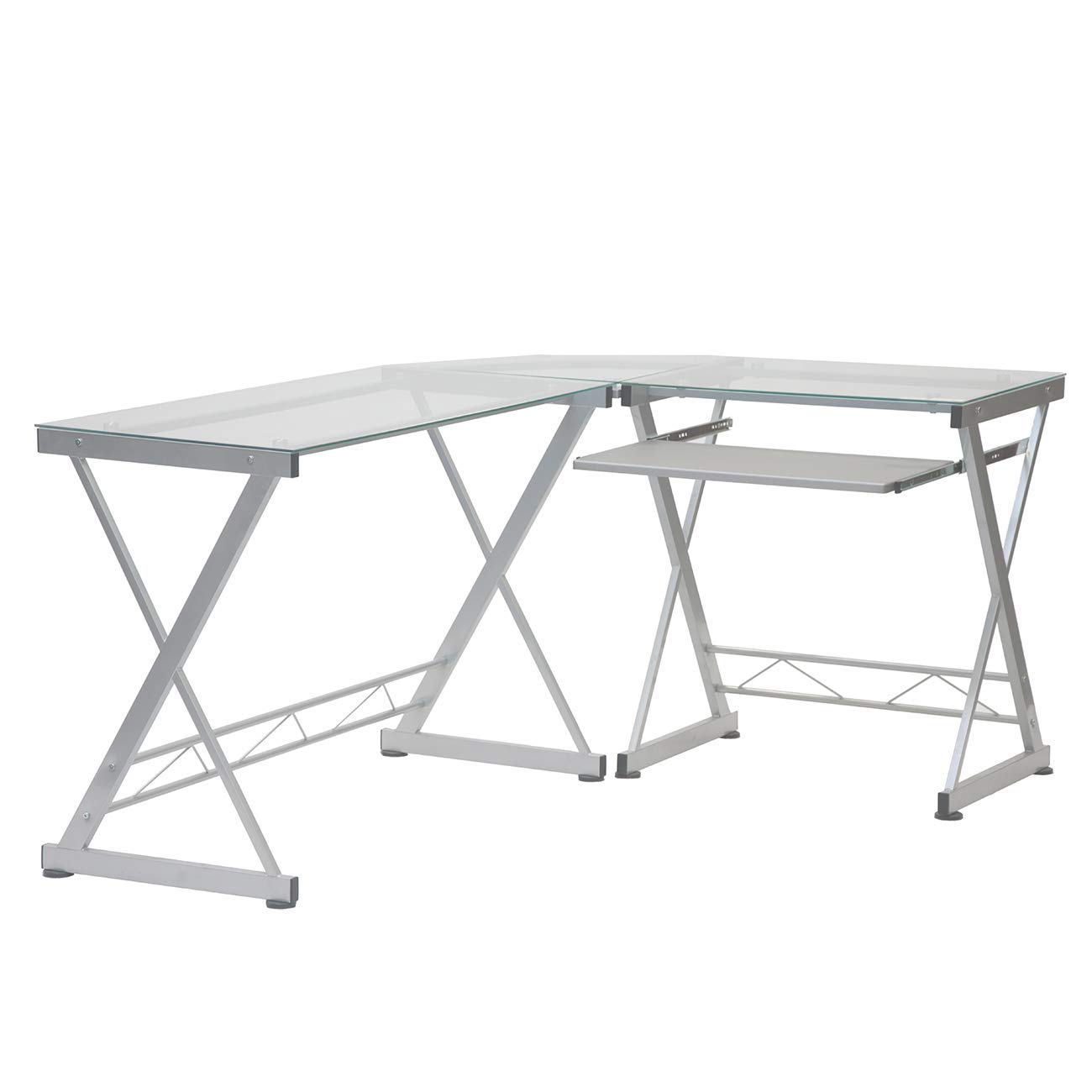 Premium L-Shaped Corner Desk with Tempered Glass Top & Pull-Out Keyboard Tray - Clear Glass Computer Workstation for Home Office, Gaming Setup & Small Space Solutions