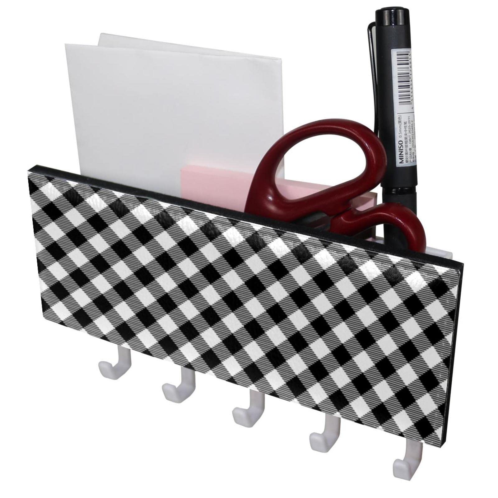 Black & White Plaid Wall Hooks - Coat & Hat Hanger for Kitchen, Bathroom, Bedroom