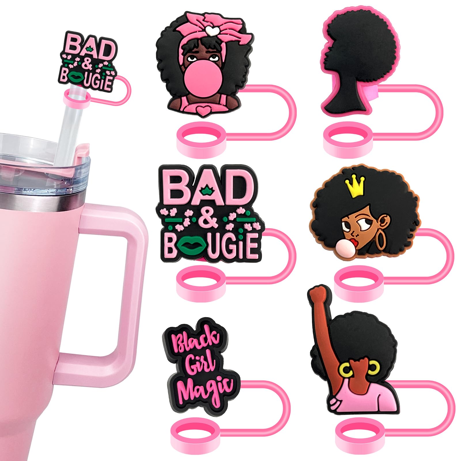 6PCS Pink & Black Straw Covers for Stanley Cup - Reusable Silicone Straw Toppers Accessories for Stanley Tumbler - Perfect for Kids, Women, Parties & Outdoor Activities