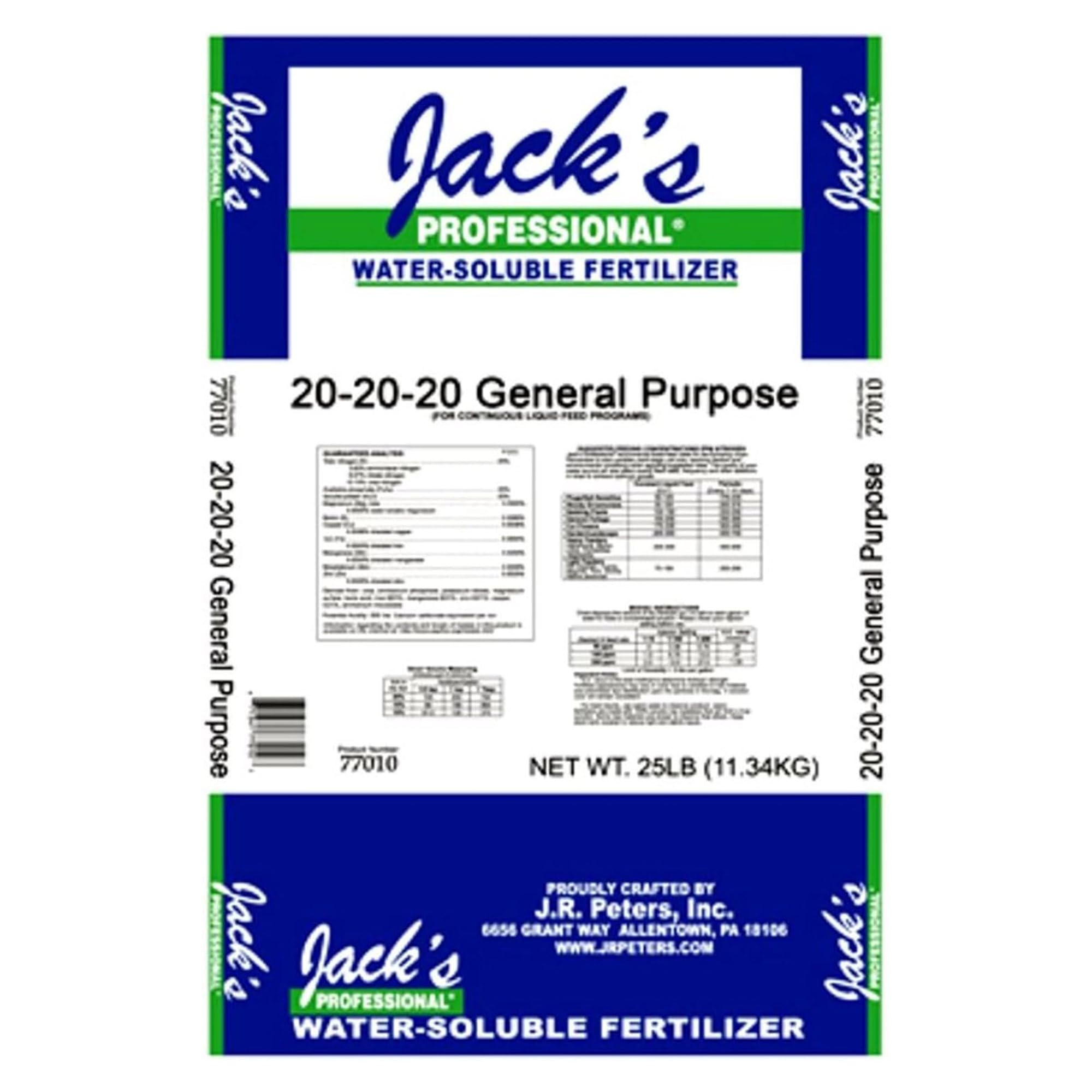 Jack's Classic Professional 20-20-20 All-Purpose Water-Soluble Plant Food with Essential Micronutrients | Ideal for Heavy Feeding Plants in Hydroponics, Greenhouses & Continuous Liquid Feed Systems | 25lb Bag for Indoor/Outdoor Gardening