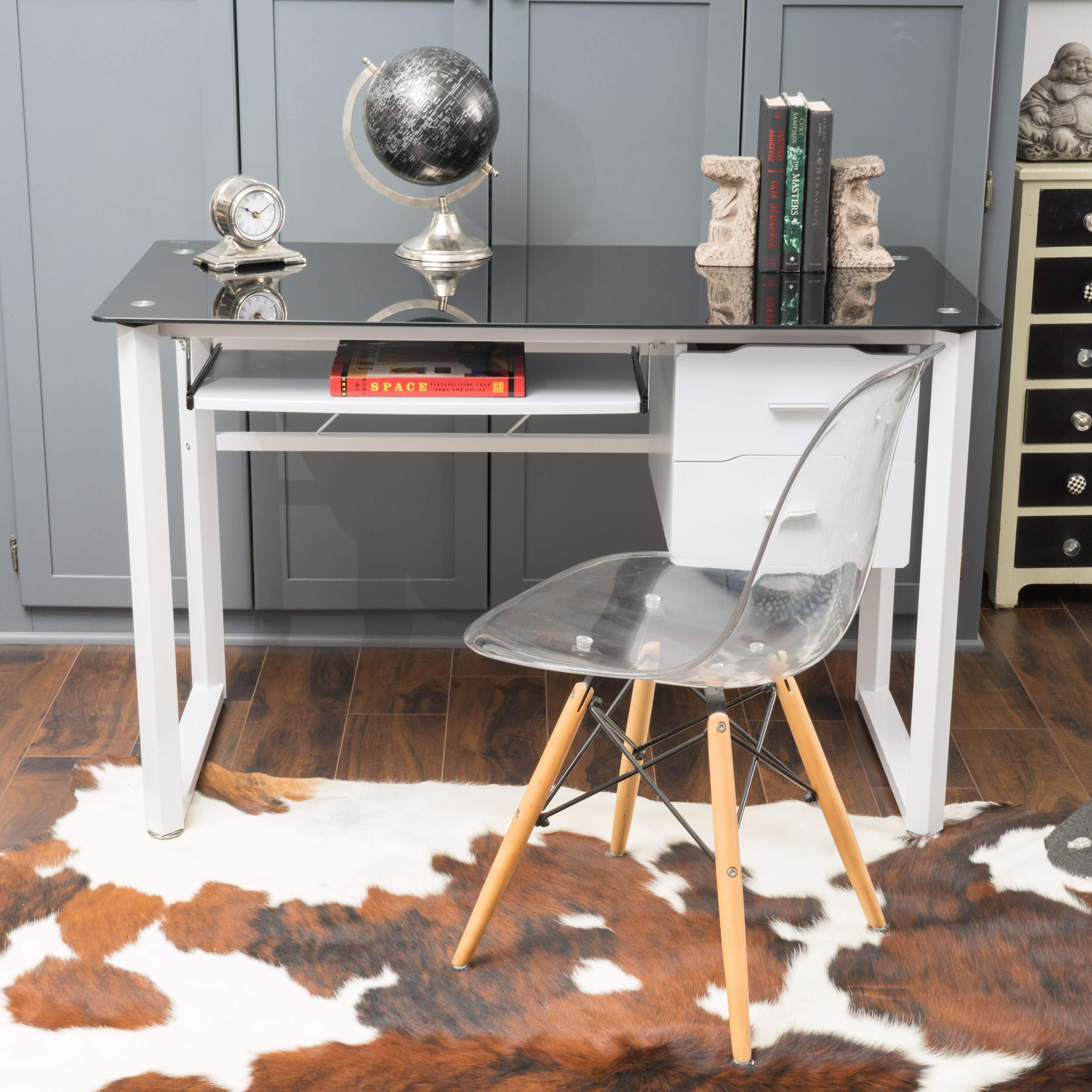 Modern Black & White Tempered Glass Computer Desk with Storage Drawers & Keyboard Tray - Contemporary Rectangular Iron Wood Design for Home Office, Gaming Setup, and Workspace Organization