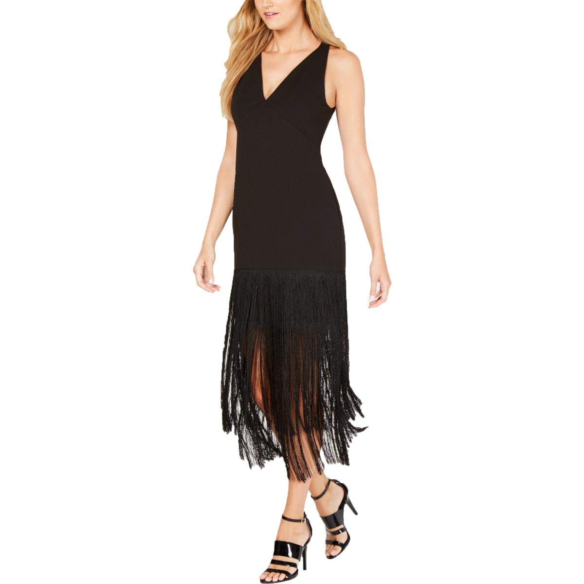 Calvin Klein Women's V-Neck Gown with Fringe Hem Dress - Elegant Evening Gown for Parties, Weddings & Special Occasions