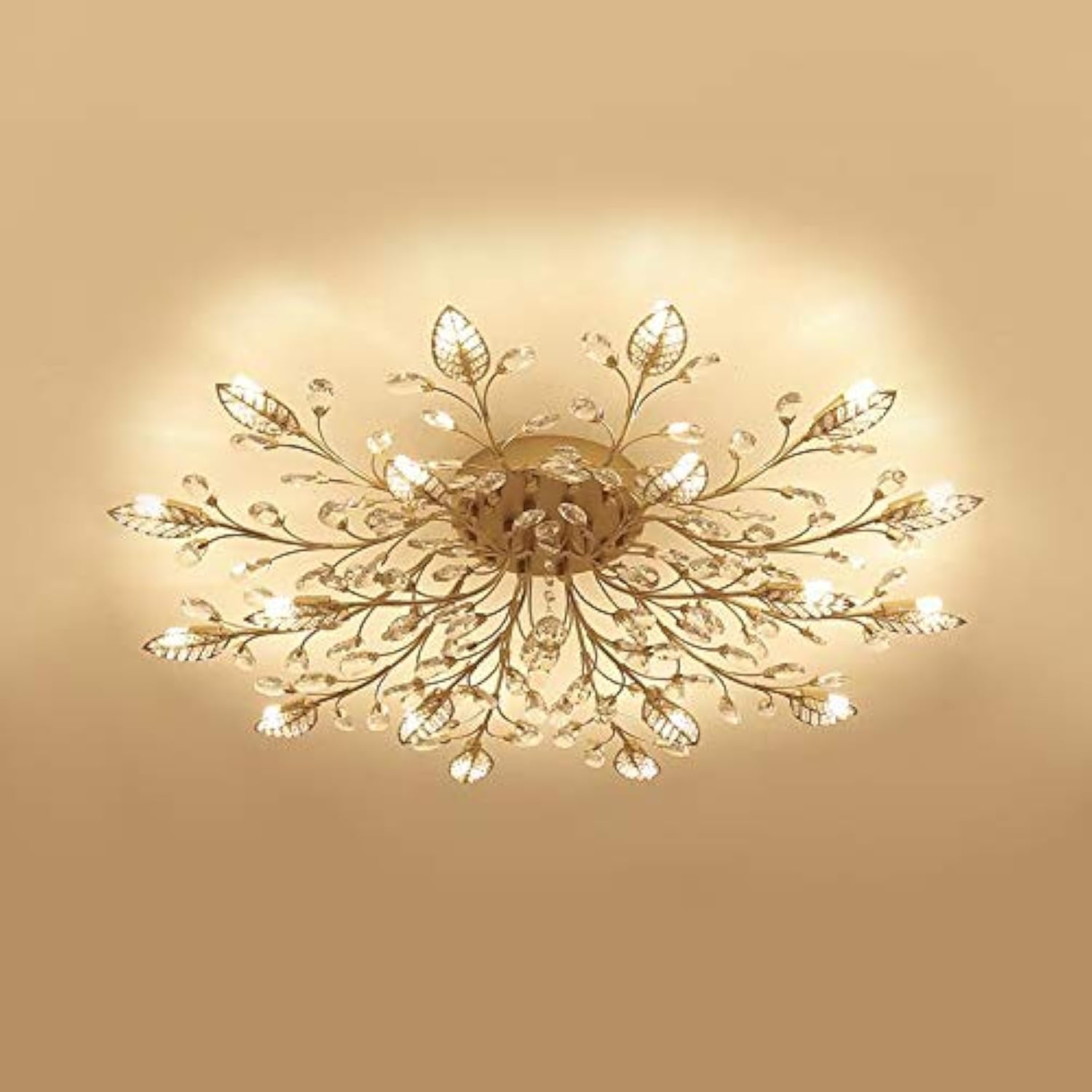 Black & Gold Contemporary Leaf Semi Flush Mount Ceiling Light with Clear Crystal Accents - 18-Light Modern Chandelier for Dining Room, Bedroom, or Living Room Lighting