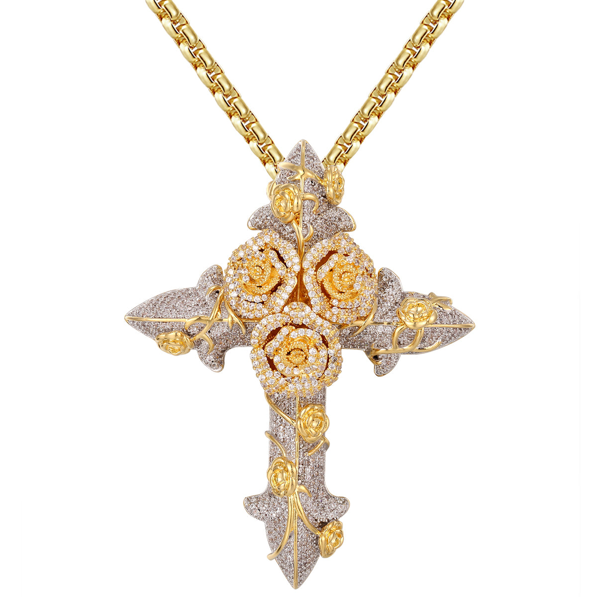 Religious Jesus Cross Two-Tone Flower Icy Designer Pendant Necklace - Perfect for Church, Weddings & Spiritual Gifts