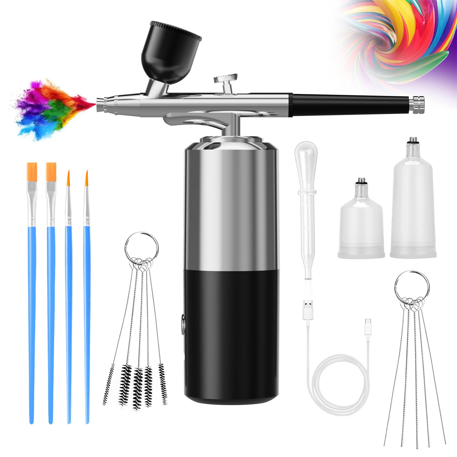 Professional Airbrush Kit with Air Compressor - Wireless Nail Paint & Makeup Airbrush for Barber, Nail Art, Cake Decorating, Tattoo & Model Painting (Silver Black) - Perfect for Home Salon, DIY Crafts & Professional Beauty Services