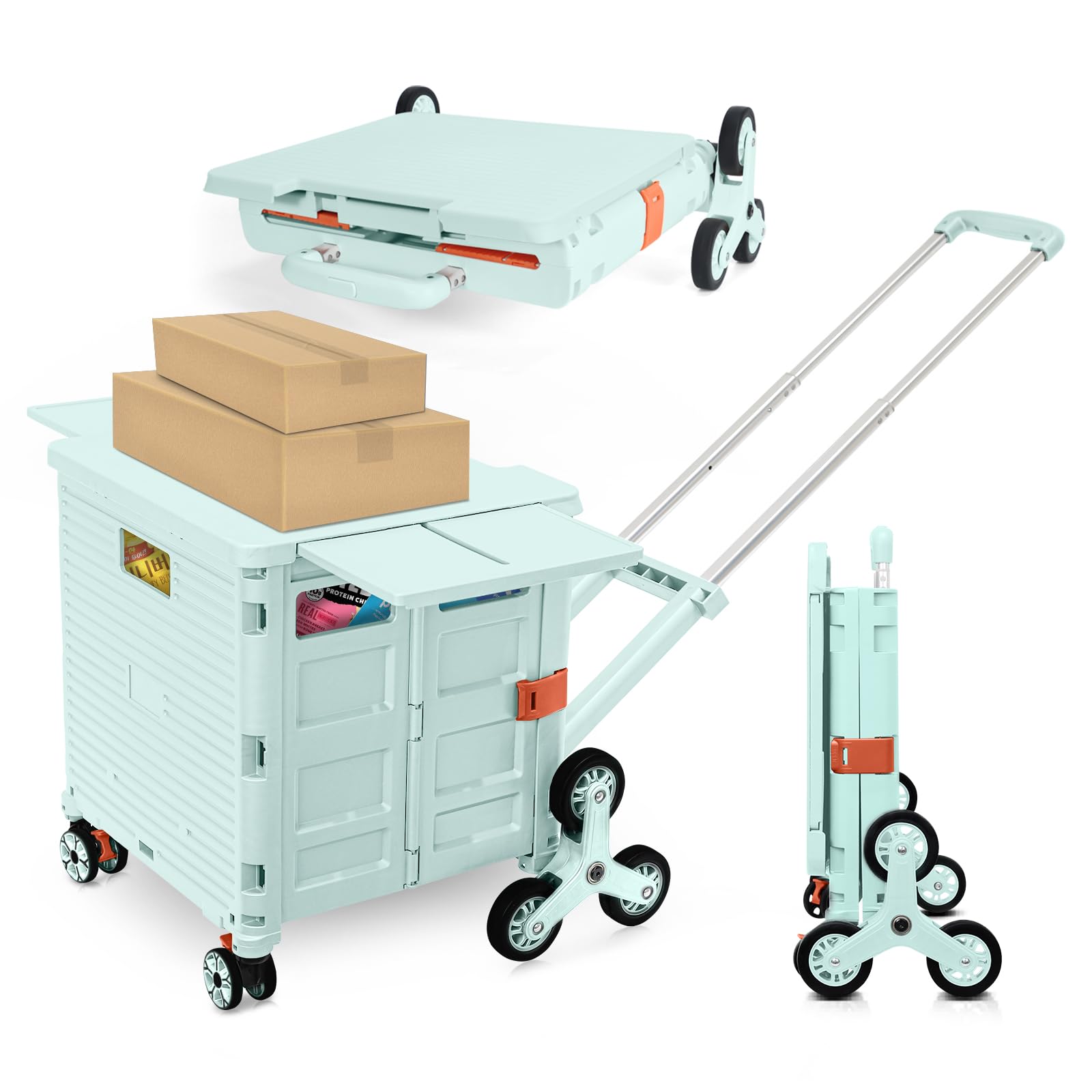 Foldable Utility Cart with Stair-Climbing Wheels - Heavy Duty Collapsible Rolling Crate with Magnetic Lid & Telescopic Cover, Adjustable Handle & 360° Rotating Wheels - Perfect for Teachers, Shopping, Moving, Warehouse & Home Organization