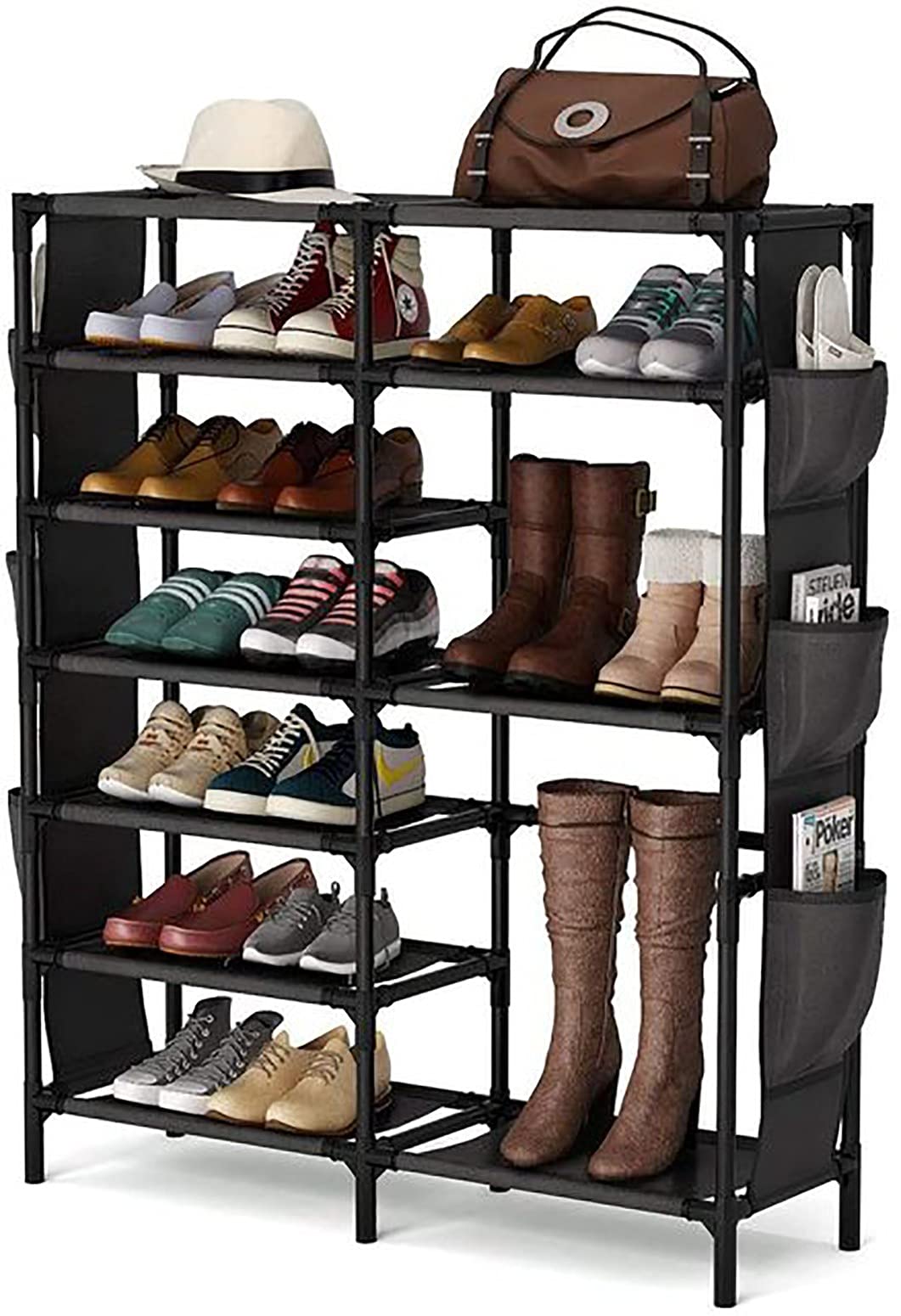 WWFZS Double Row Shoe Rack with Side Storage Bag - Sturdy Metal Tube Boot Stand, DIY Shoe Organizer & Dustproof Cabinet - Perfect for Entryway, Closet, and Bedroom Storage