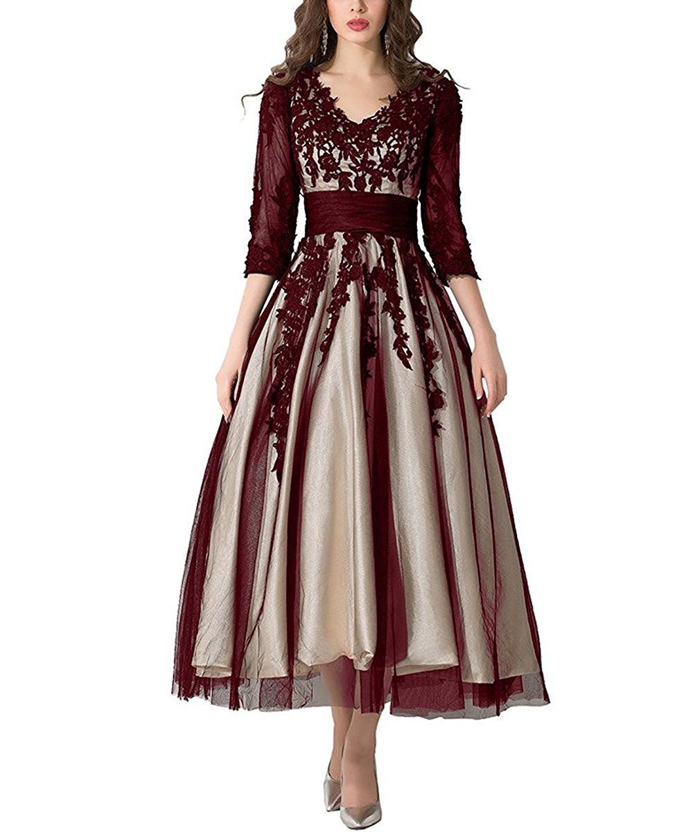 Elegant Women's Lace Applique Tea-Length Mother of Bride Dress - Formal Prom Gown for Weddings, Parties & Special Occasions