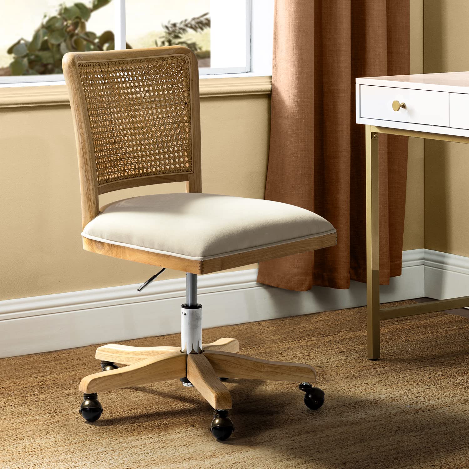 Ergonomic Modern Home Office Chair - Comfortable Upholstered Armless Desk Chair with Adjustable Height & 360° Swivel, Breathable Rattan Mid-Back Support Rolling Computer Chair (Beige) - Perfect for Small Spaces, Home Office & Workspace