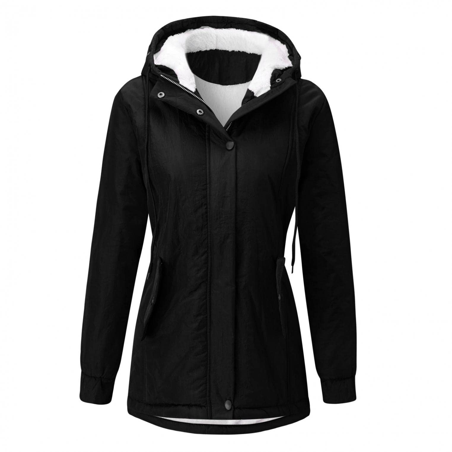 Women's Solid Color Hooded Winter Coat - Warm Full Zip Jacket with Drawstring & Pockets | Long Sleeve Outerwear for Casual, Work & Outdoor Activities