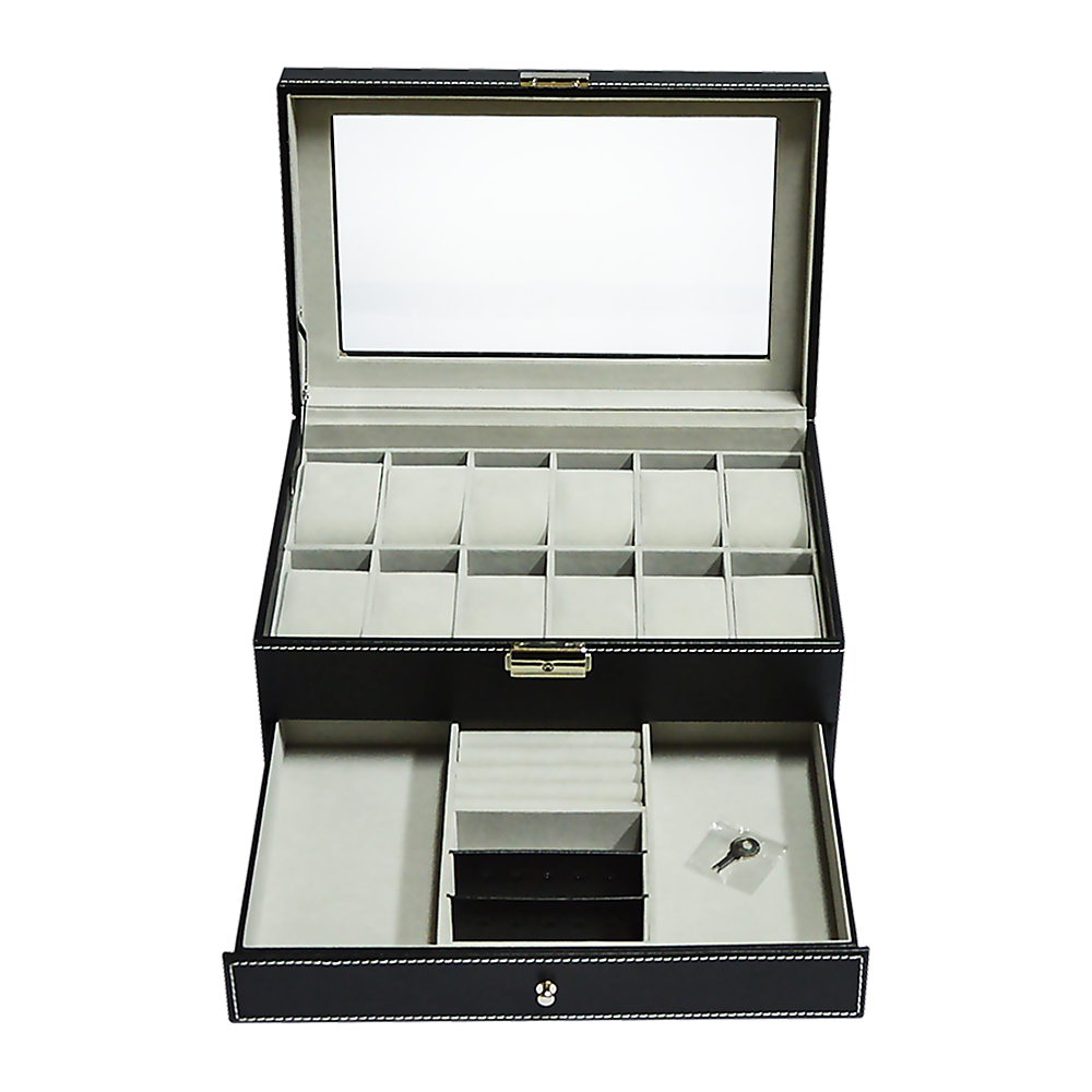 12-Slot Leather Watch Display Case with Lock & Key - Jewelry Storage Box Organizer for Men's Watches & Accessories - Perfect for Retail Stores, Watch Collections & Gift Presentation