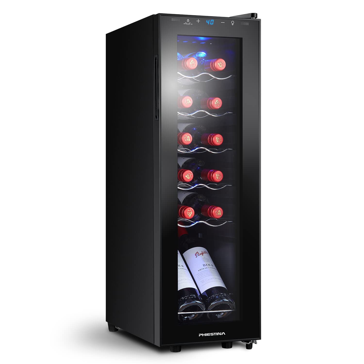 Phiestina 12 Bottle Freestanding Wine Cooler Refrigerator - Digital Temperature Control, Glass Door & Interior LED Light - Perfect for Home Bar, Kitchen, or Dining Room - Compact Wine Fridge for White & Red Wine Storage