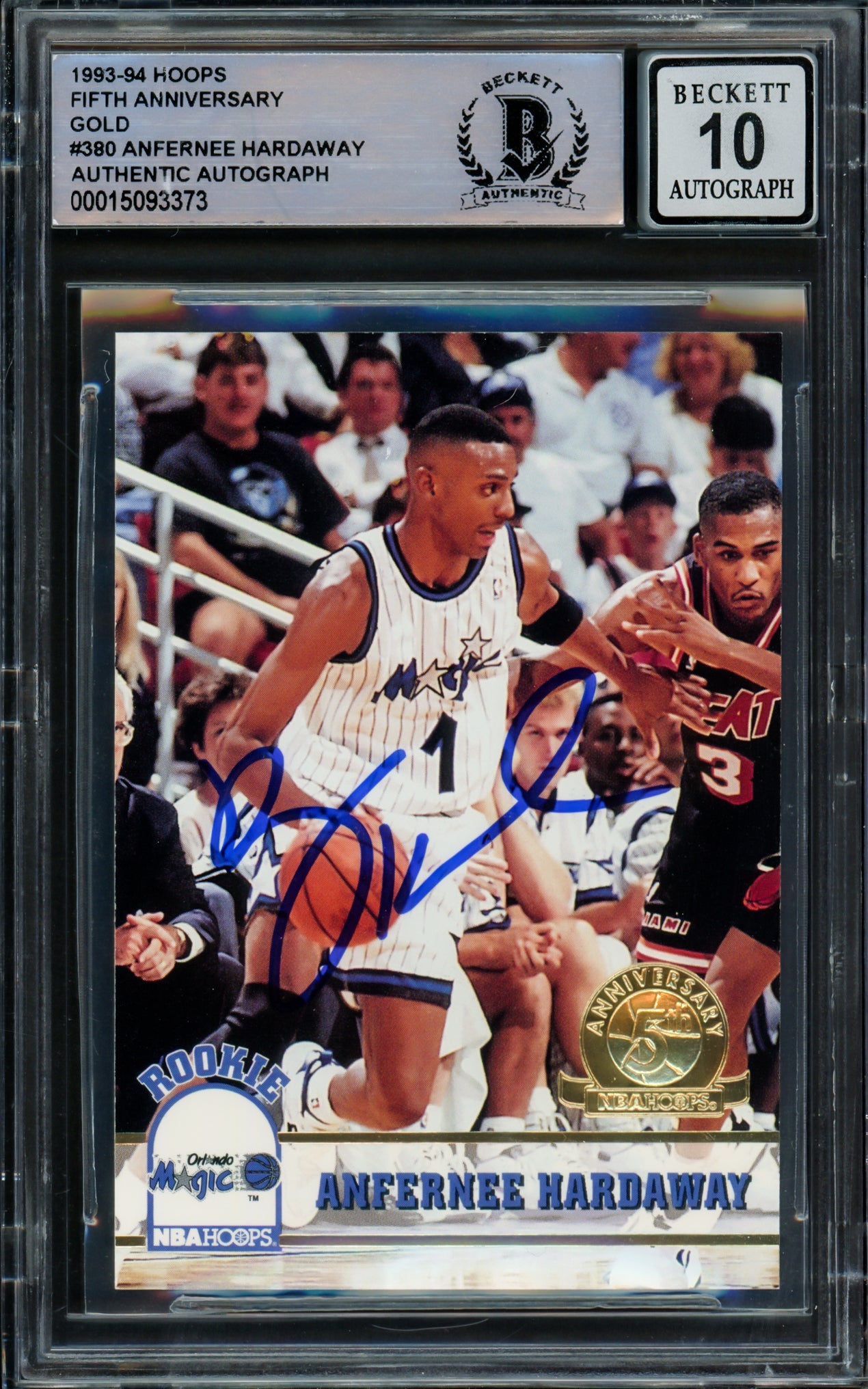Anfernee Hardaway Autographed 1993-94 Hoops Gold Rookie Card #380 Orlando Magic PSA Gem Mint 10 - Beckett Certified BAS #15093373 - Perfect for NBA Memorabilia Collectors & Orlando Magic Fans Display