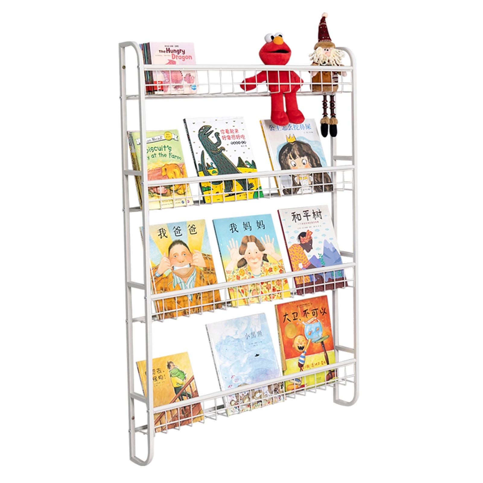 NLIAN 4-Tier Wall Mounted Kids Bookshelf - Sturdy Steel Pipe Book Display Organizer for Children's Room, Nursery, or Playroom (52x12x120cm) - Perfect for Storing Books, Toys & Decor in Small Spaces