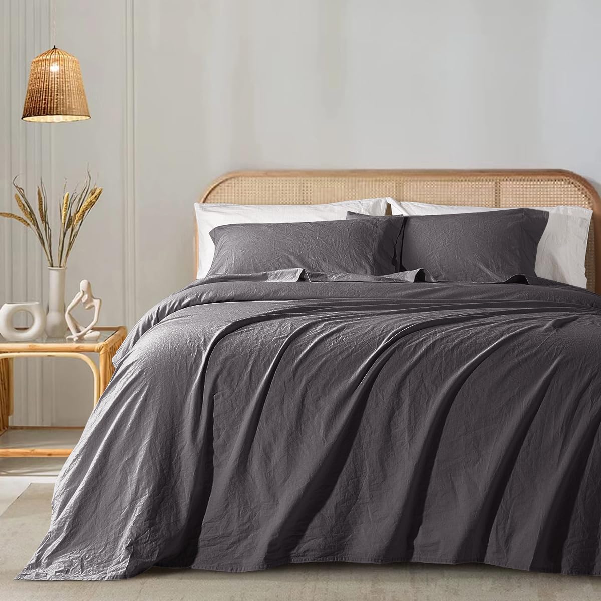 Premium 100% French Linen Sheet Set Queen Size - 4 Piece Breathable & Cooling Bed Sheets with 16