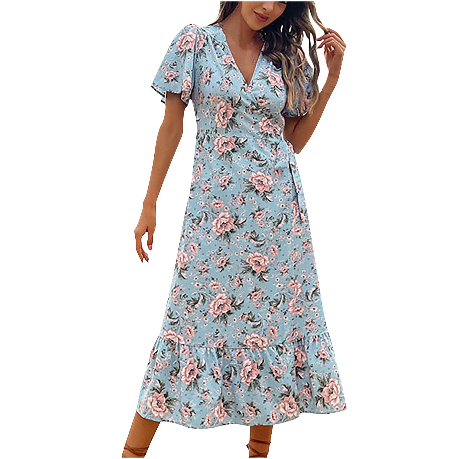 BONIXOOM Women's Summer Holiday Dress - Elegant Wedding Guest Dress with V-Neck, Printed Ruffles & Short Sleeves | Beachwear, Vacation Outfit, Casual Party Dress