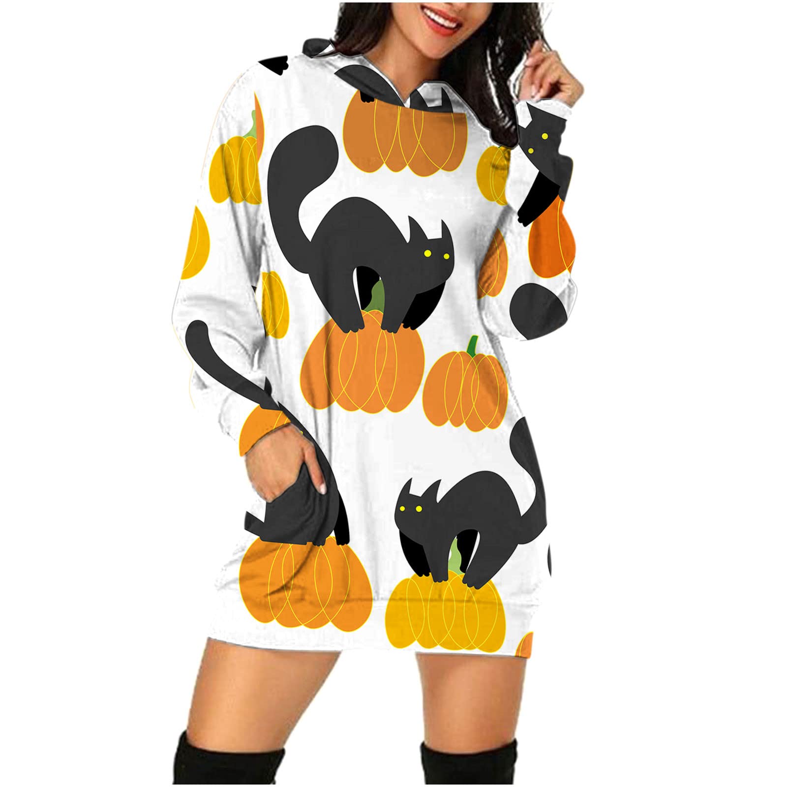 JSARLE Women's Plus Size Halloween Dress - Bat Pumpkin Cat Print Long Sleeve Hooded Sweatshirt Dress for Fall, Wedding Guest & Cosplay | Perfect for Halloween Parties, Autumn Events & Casual Wear