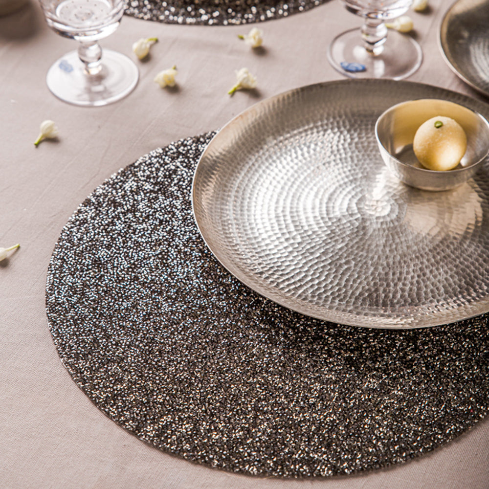Fiona Silver Black Rhinestone Table Mat Set of 2 - Elegant Placemats for Dining Table Decor, Wedding Centerpiece & Party Table Setting