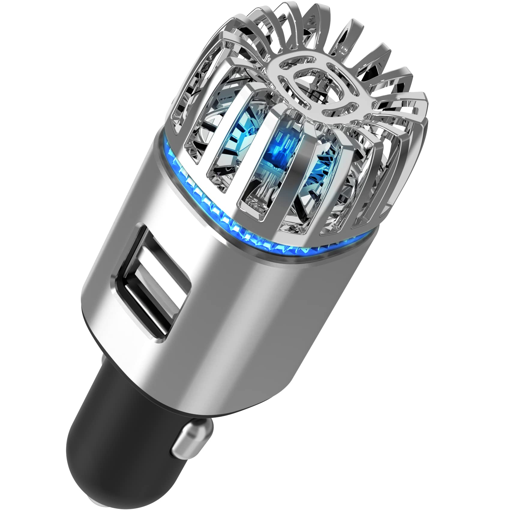 12V Car Air Purifier & Ionizer with Dual USB Fast Charger - Releases 5.6 Million Anions to Remove Dust, Smoke & Odors - Perfect for Road Trips & Commuting (Silver)