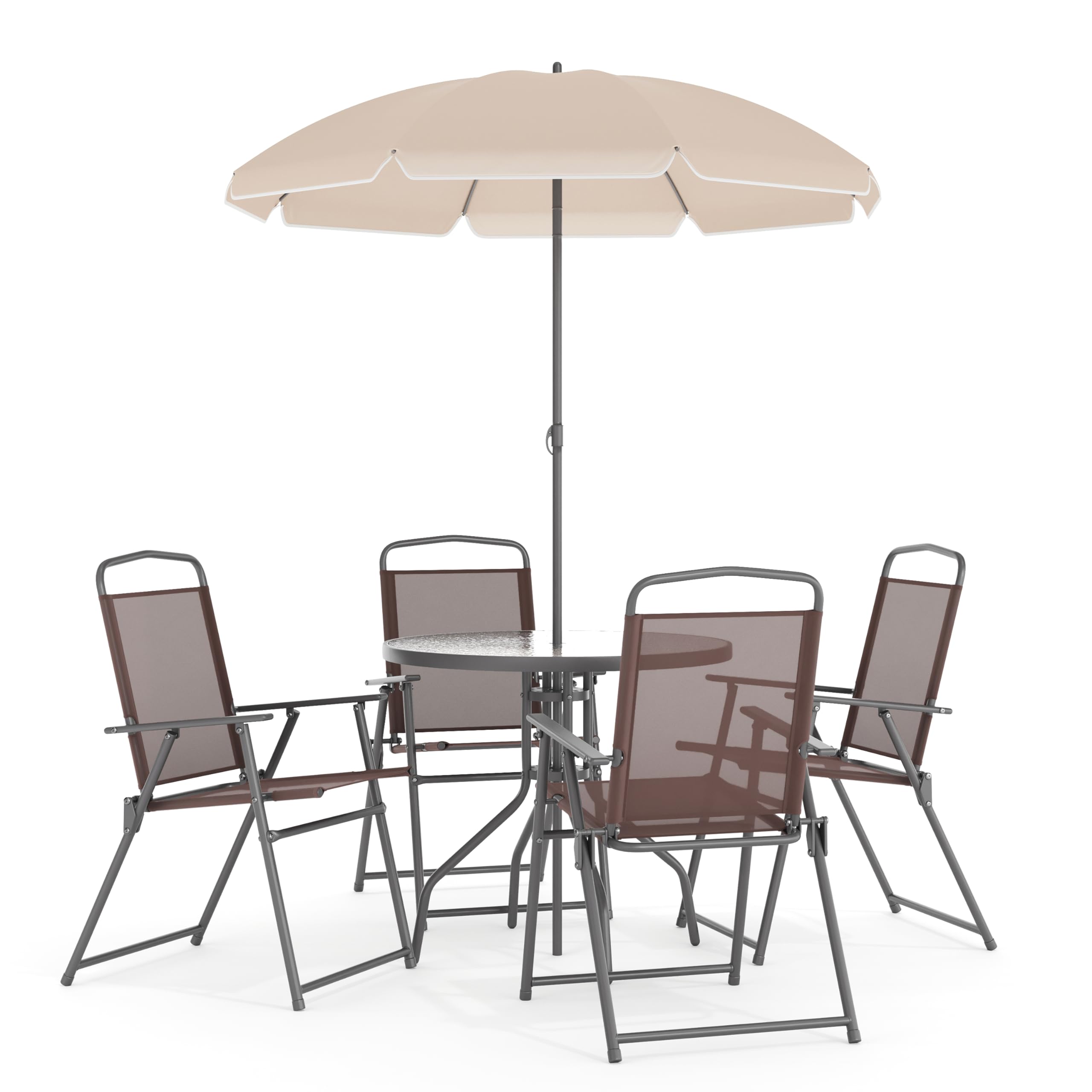 Flash Furniture Nantucket 6-Piece Outdoor Patio Dining Set with Glass Table, 4 Folding Chairs & Umbrella - Brown Rattan Wicker Furniture for Backyard, Garden, Poolside & Deck Dining