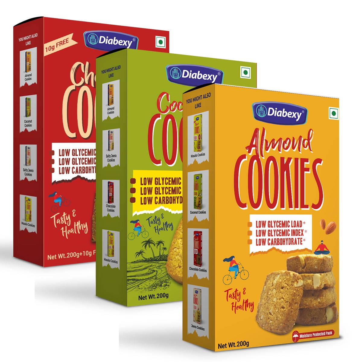 Diabexy Sugar Control Cookies Combo Pack - Almond, Coconut & Chocolate Flavors (3 x 200g) | Diabetic-Friendly Snacks | Low Glycemic Index Treats | Perfect for Gifts, Office Snacks & Diabetes Management