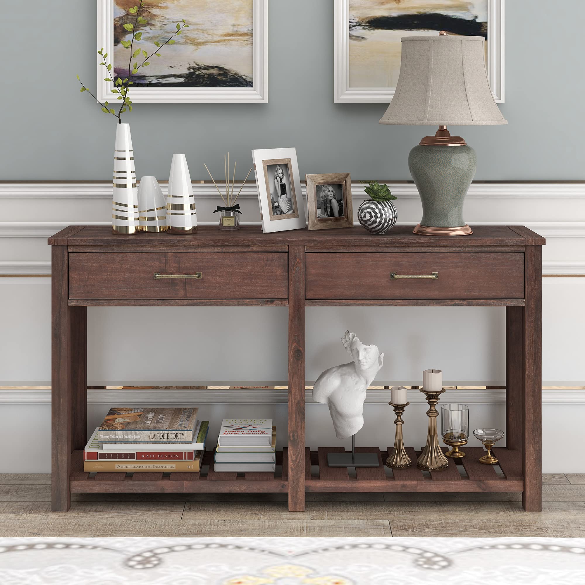 Classic Solid Wood Console Table with 2 Drawers & Slatted Shelf - Entryway Storage Table for Living Room, Hallway & Foyer - Perfect for Home Decor & Small Space Organization (Espresso Finish)