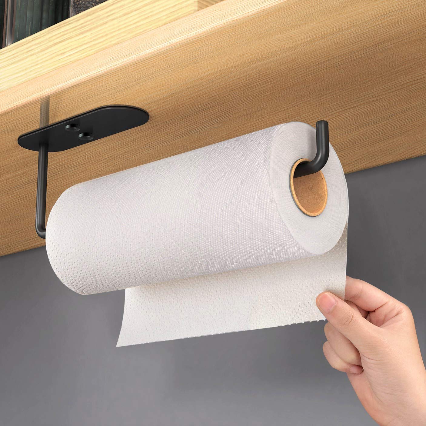 HUFEEOH Under Cabinet Paper Towel Holder - Wall Mount Stainless Steel Kitchen & Bathroom Towel Rack - Black Adhesive Paper Towel Roll Dispenser for Easy Access in Cooking & Cleaning (SUS304)