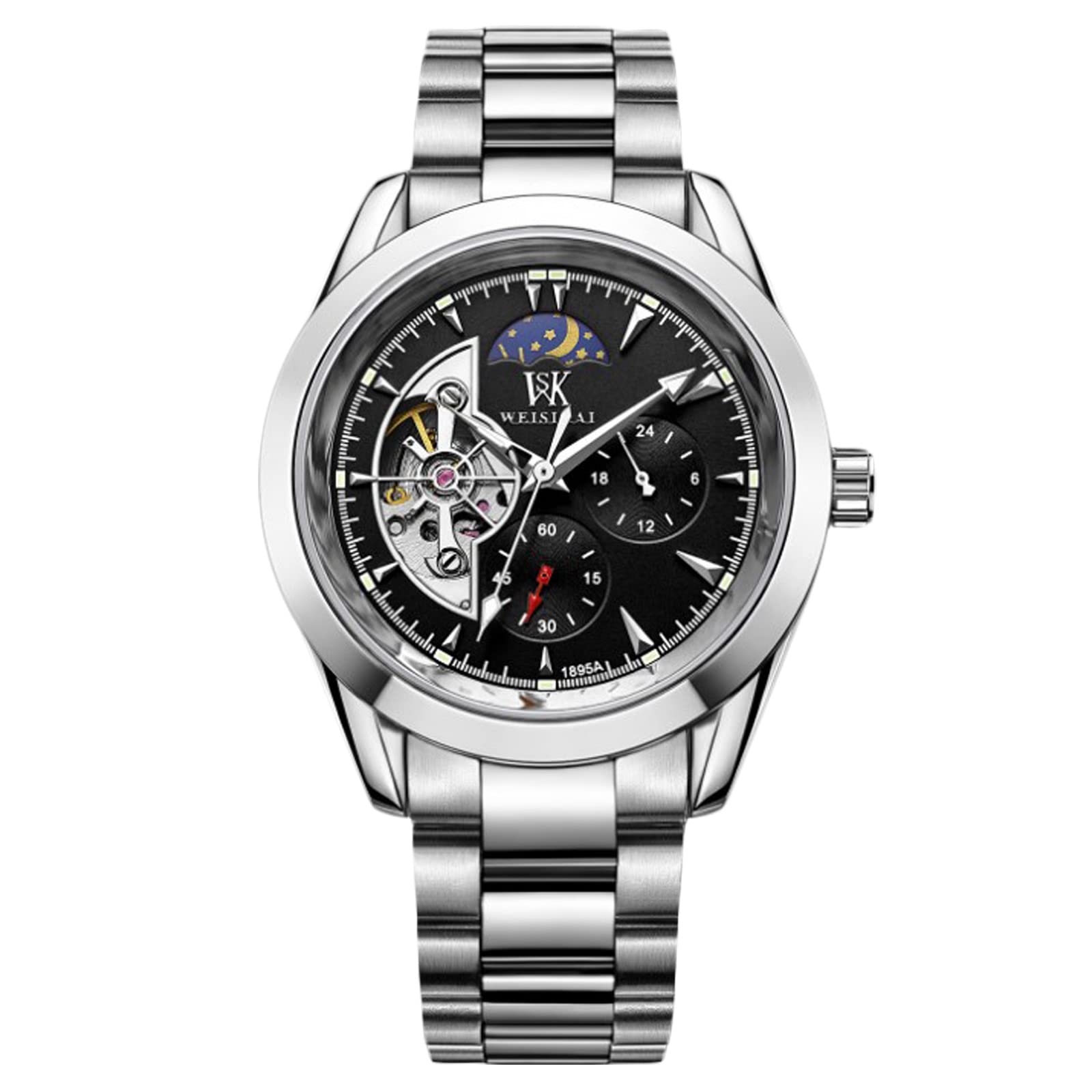 RORIOS Men's Automatic Mechanical Watch with Luminous Hands & Moon Phase - Stainless Steel Strap - Waterproof Dress Watch for Business, Formal & Casual Wear