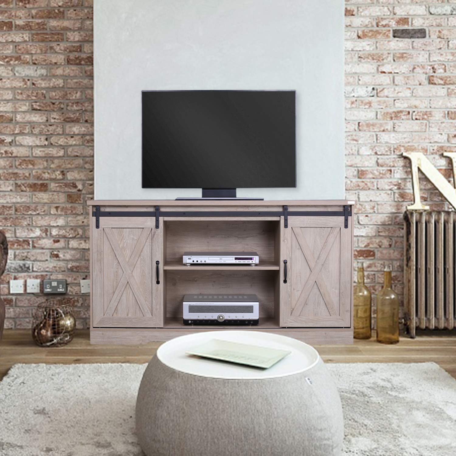 Walnest Farmhouse TV Stand with 2 Sliding Barn Doors & Storage Cabinets - Rustic Entertainment Center Console Table for Living Room - Ashland Pine Finish - Perfect for Home Theater Setup & Living Room Organization