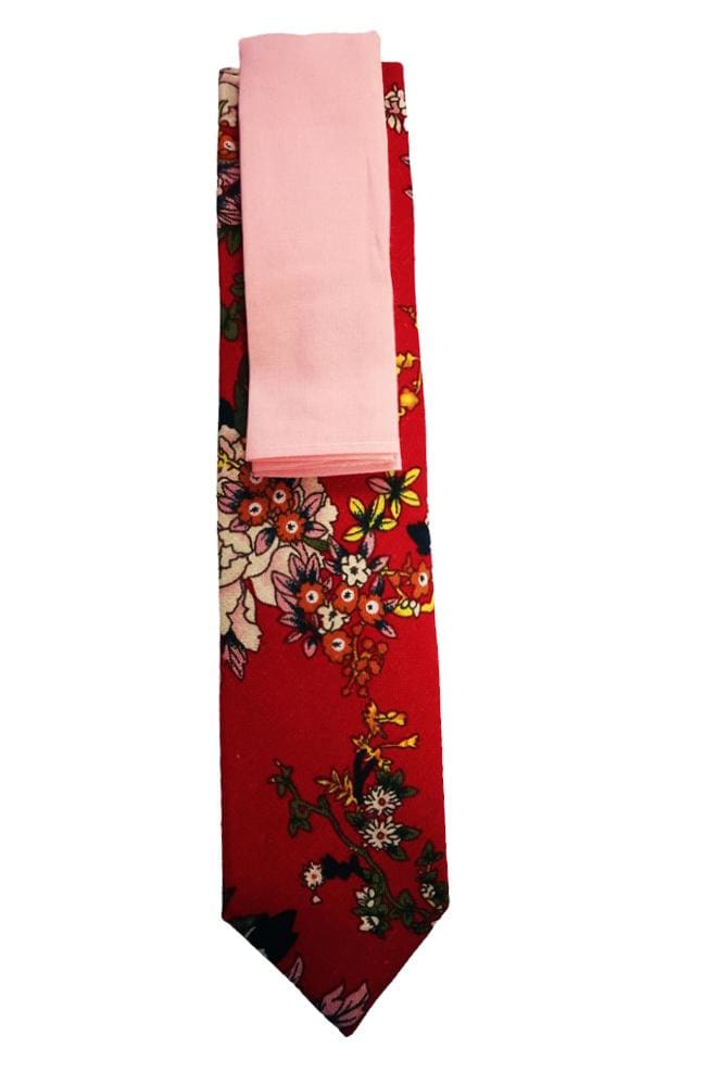 L A Smith Red Floral Cotton Tie and Hank Set for Men - Elegant Matching Necktie and Pocket Square Set for Weddings, Parties & Formal Events