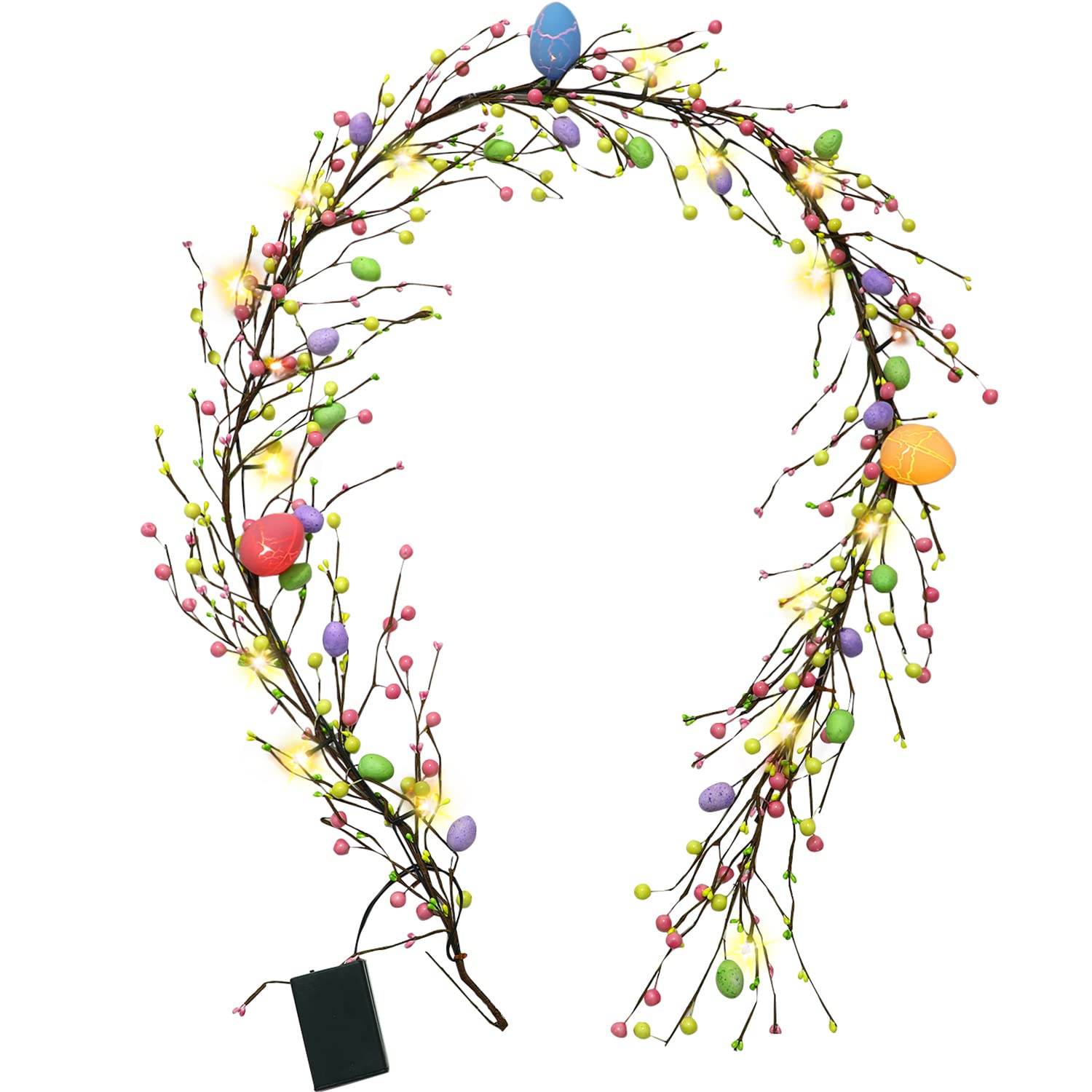 6ft Lighted Easter Garland with LED Lights - Artificial Egg Hanging Decor with Pip Berries for Easter Spring Party, Fireplace Mantel, Home, Garden, and Indoor/Outdoor Decorations
