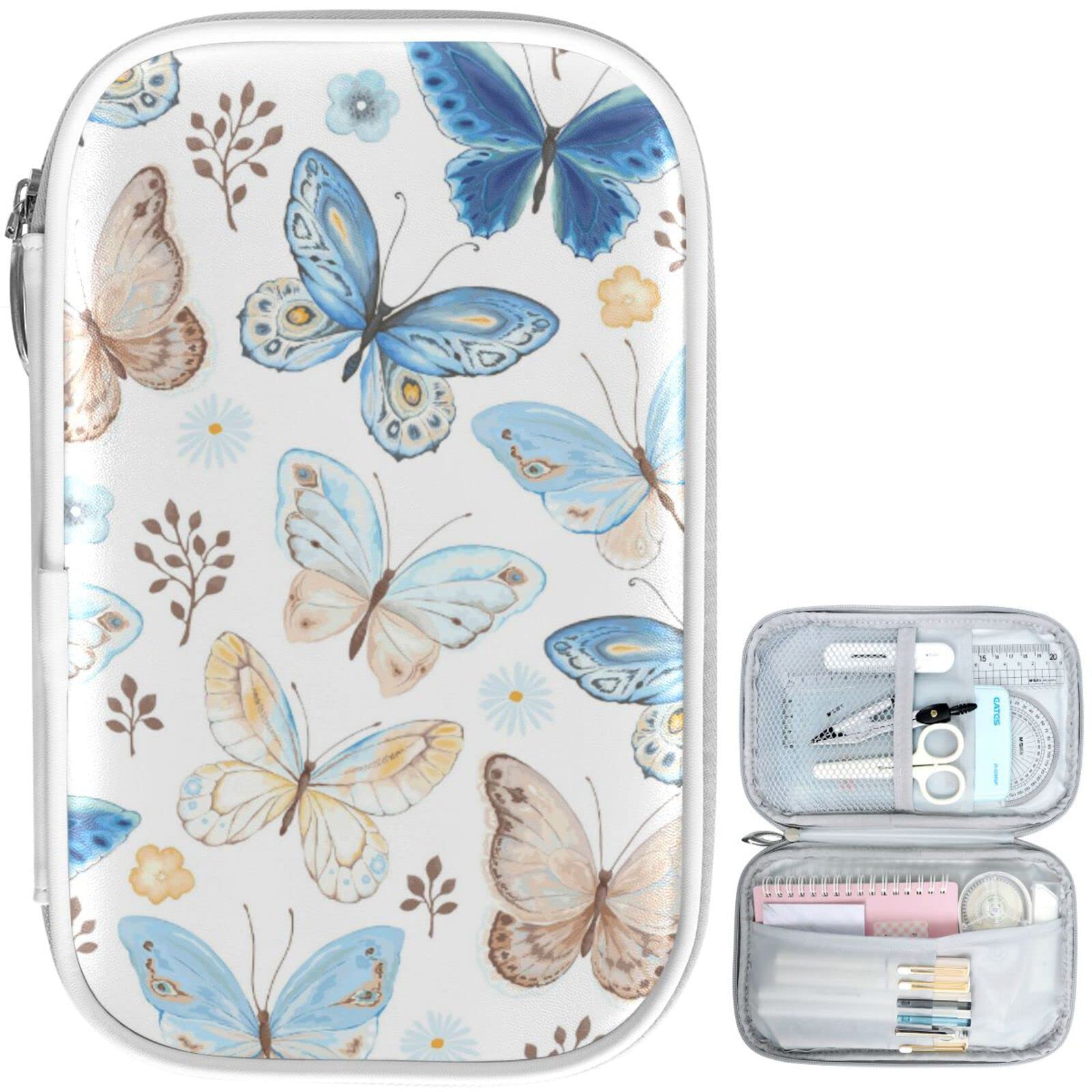 Butterfly Blue Retro Pencil Case with Zipper - School & Office Stationery Organizer, Makeup Bag, Cosmetic Pouch for Women & Girls - Perfect for School Supplies, Office Essentials & Travel Accessories