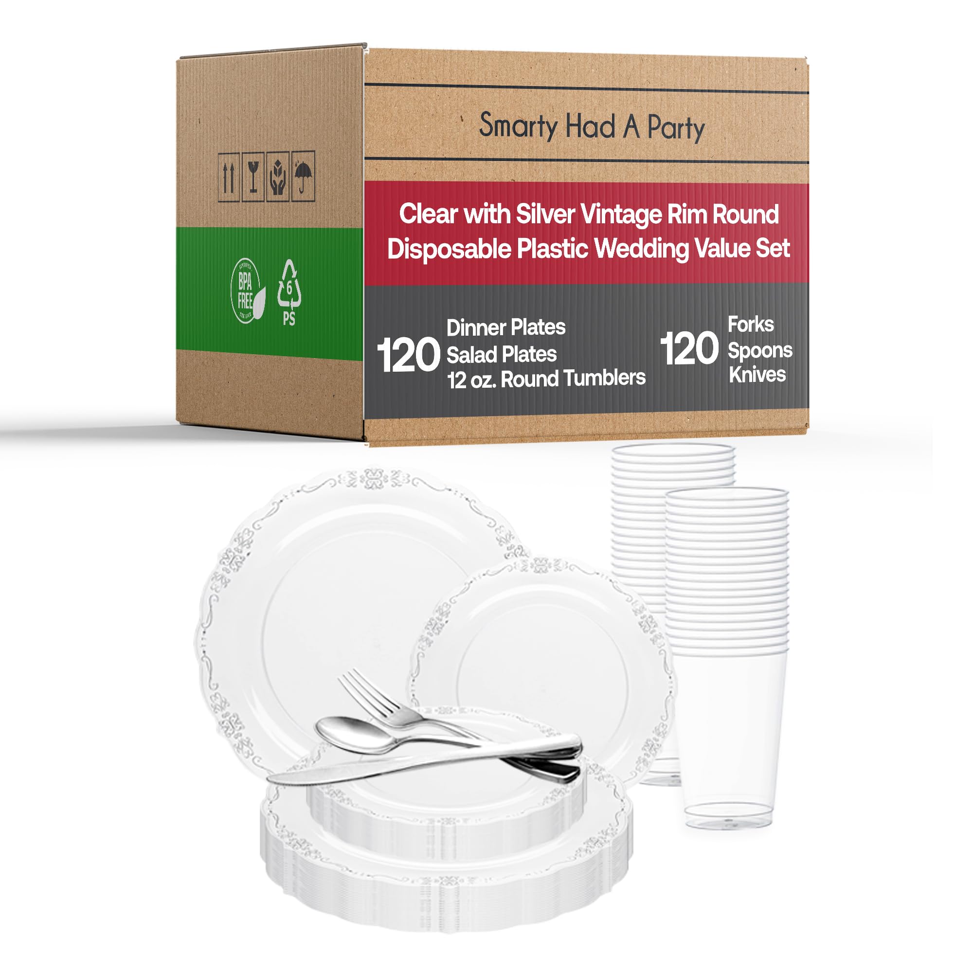 Smarty Had A Party Elegant Plastic Plates Wedding Value Set for 120 Guests - Clear with Silver Plates, Silverware & Clear Plastic Cups | Perfect for Weddings, Bridal Showers & Formal Events