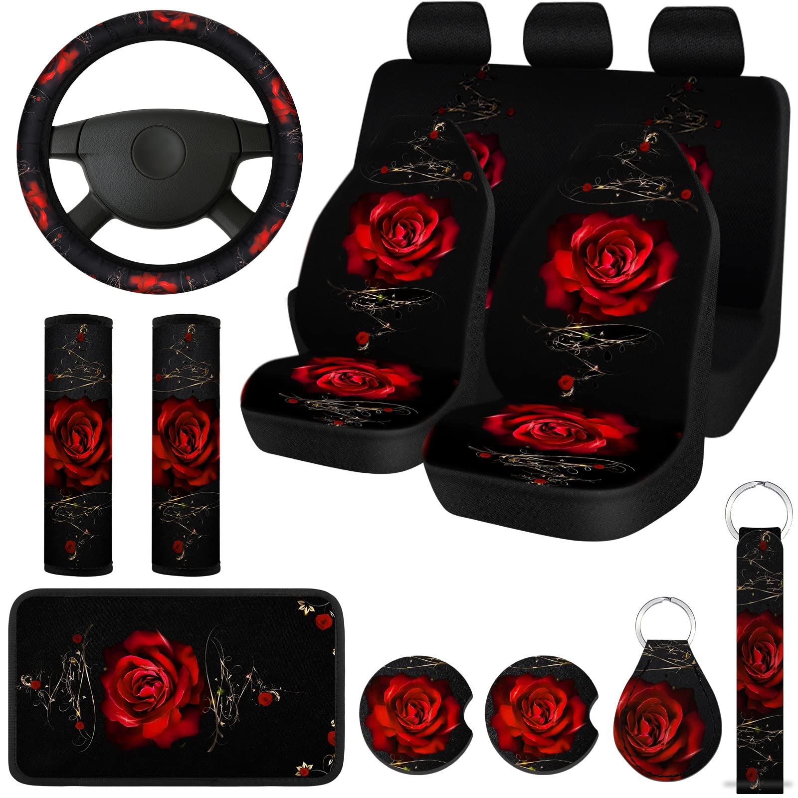 15-Piece Rose Flower Car Seat Cover Set for Women - Universal Fit with Steering Wheel & Armrest Covers - Premium Polyester Fabric (Red) - Perfect for Daily Commute, Road Trips & Car Interior Decoration