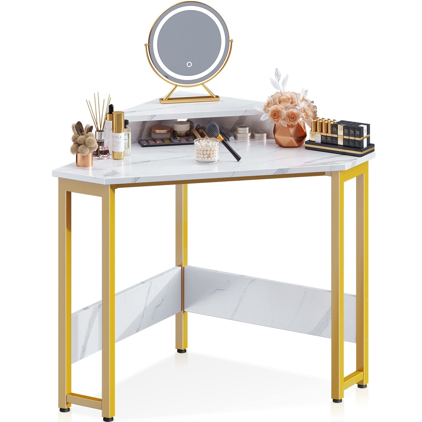 ODK Corner Desk - Space Saving Small Computer Desk with Sturdy Steel Frame & Durable Wooden Desktop (Marble Finish) - Includes Monitor Stand, Easy Assembly Triangle Design - Perfect for Home Office, Dorm Room, or Small Space Workstation