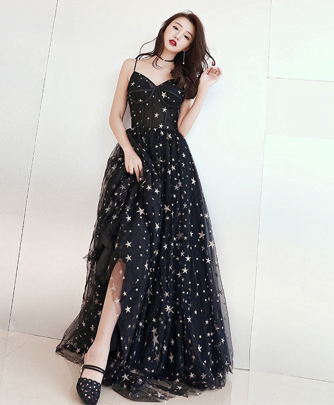 Elegant Black V-Neck Tulle Long Prom Dress | Formal Evening Gown for Women | Perfect for Homecoming, Ballroom Dances & Special Occasions